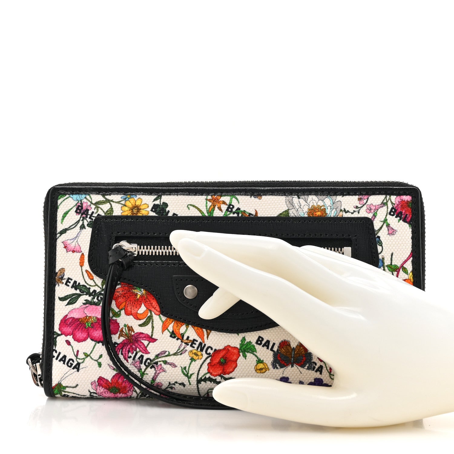 Balenciaga X GUCCI Canvas Azalea Calfskin Flora Logo Print Zip Around Wallet White Multicolor Black 2 of 8