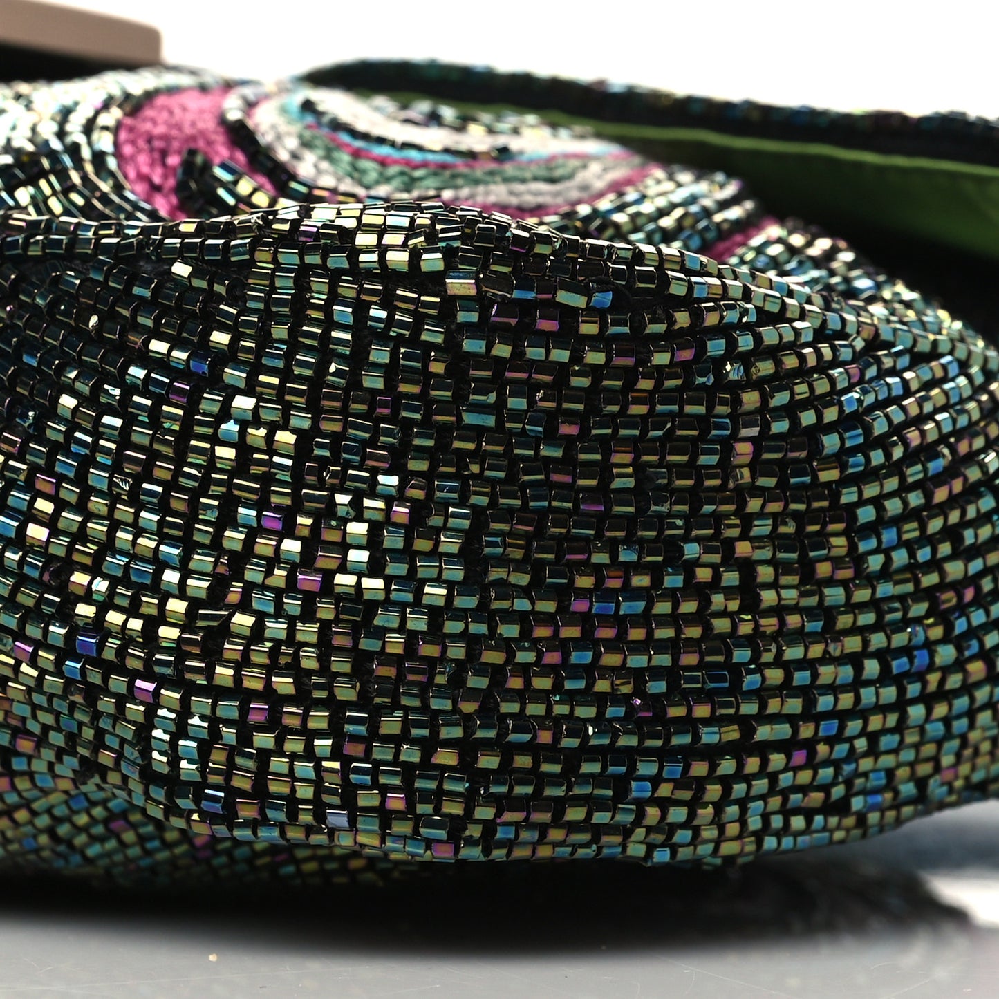 Metallic Calfskin Peacock Beaded Baguette Multicolor