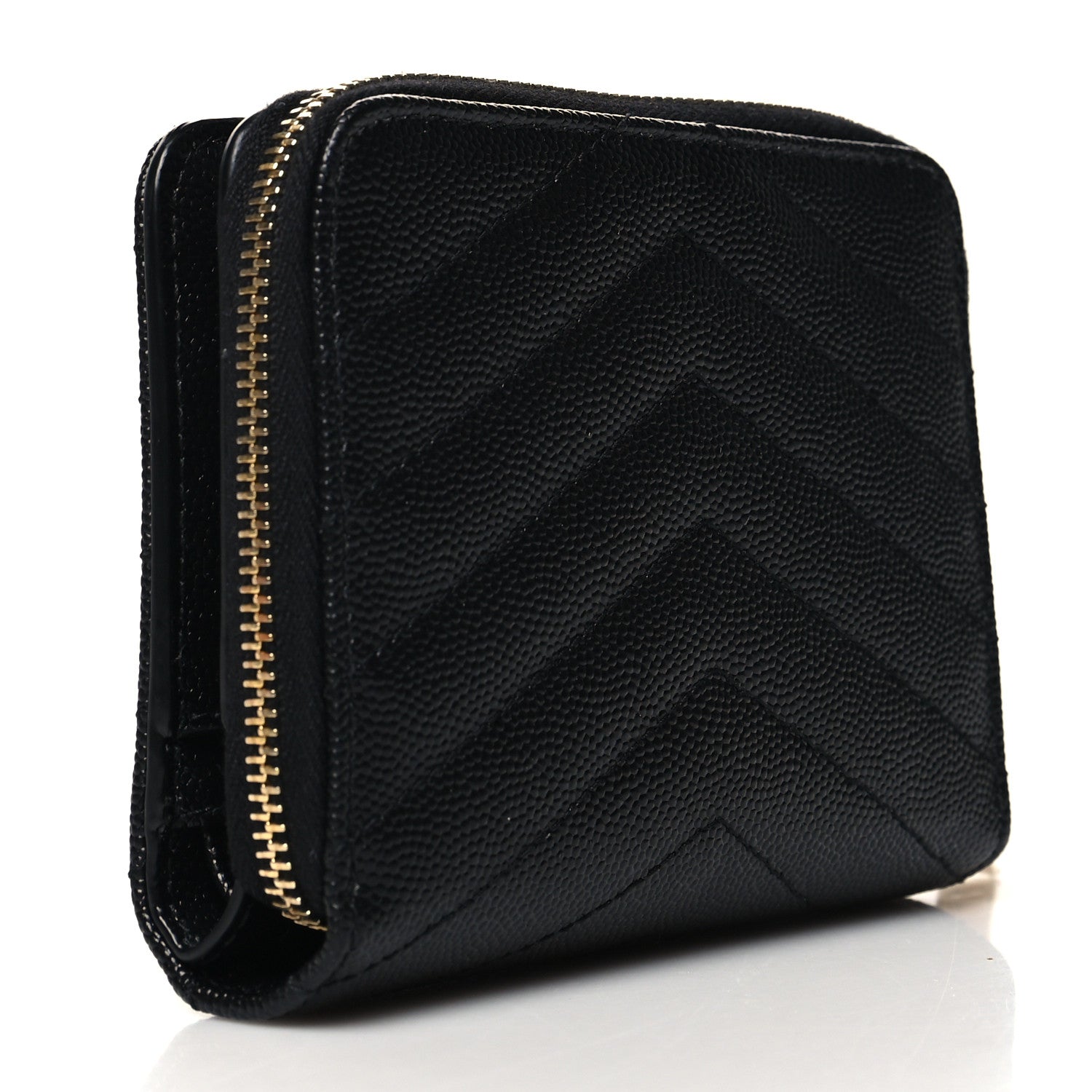 Saint Laurent Grain De Poudre Matelasse Chevron Monogram Compact Zip Around Wallet Black 3 of 8