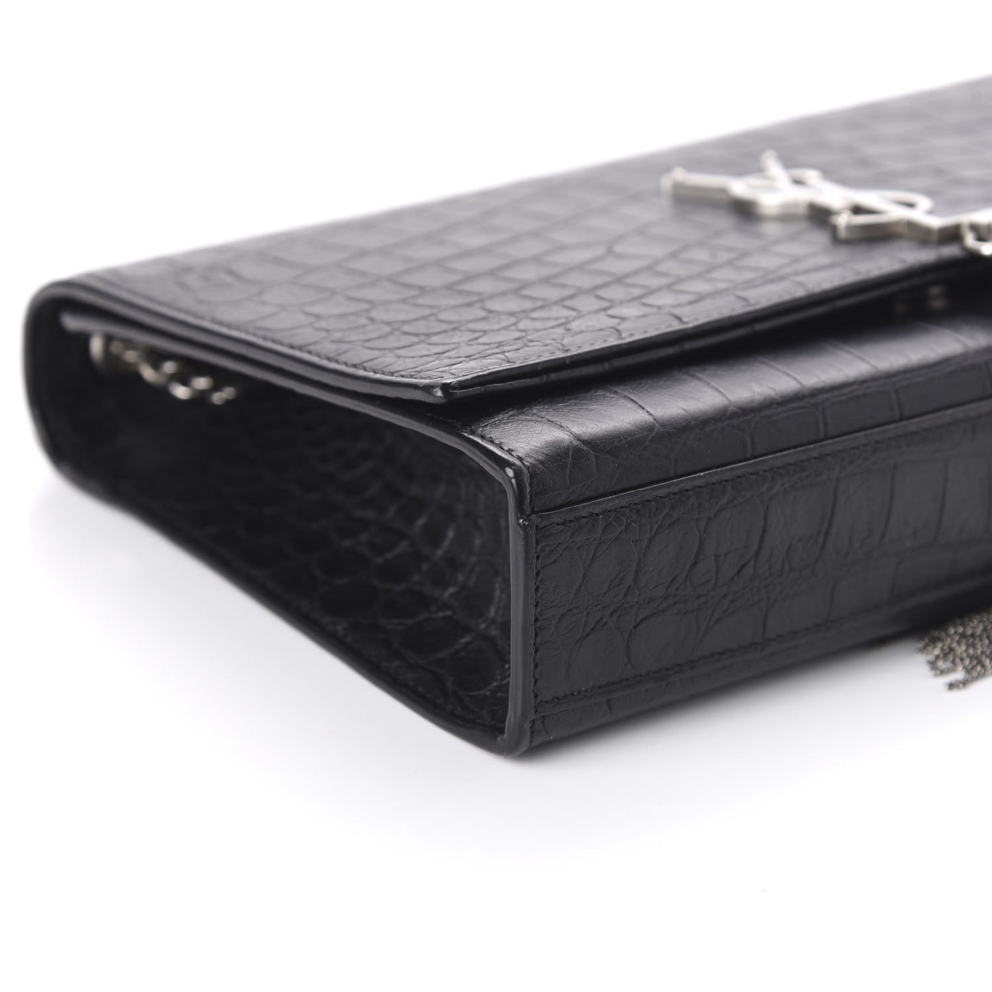 Calfskin Crocodile Embossed Medium Classic Monogram Kate Tassel Satchel Black