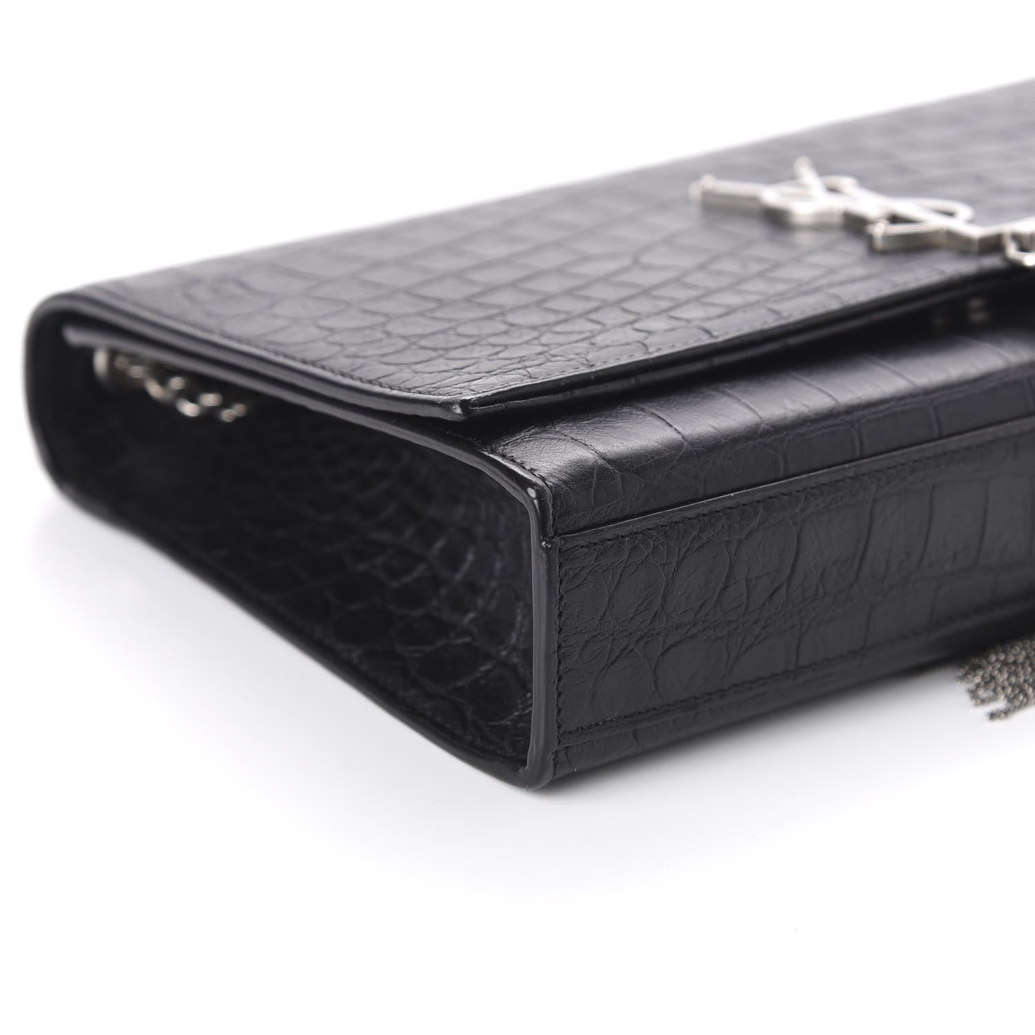 Saint Laurent Calfskin Crocodile Embossed Medium Classic Monogram Kate Tassel Satchel Black 6 of 9