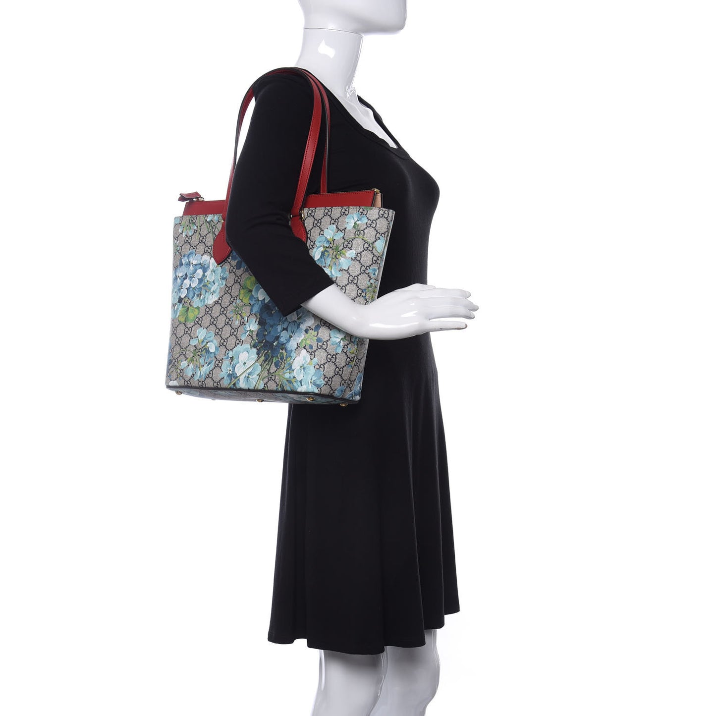GG Supreme Monogram Blooms Medium Zippered Bucket Tote Beige Blue Navy Hibiscus Red