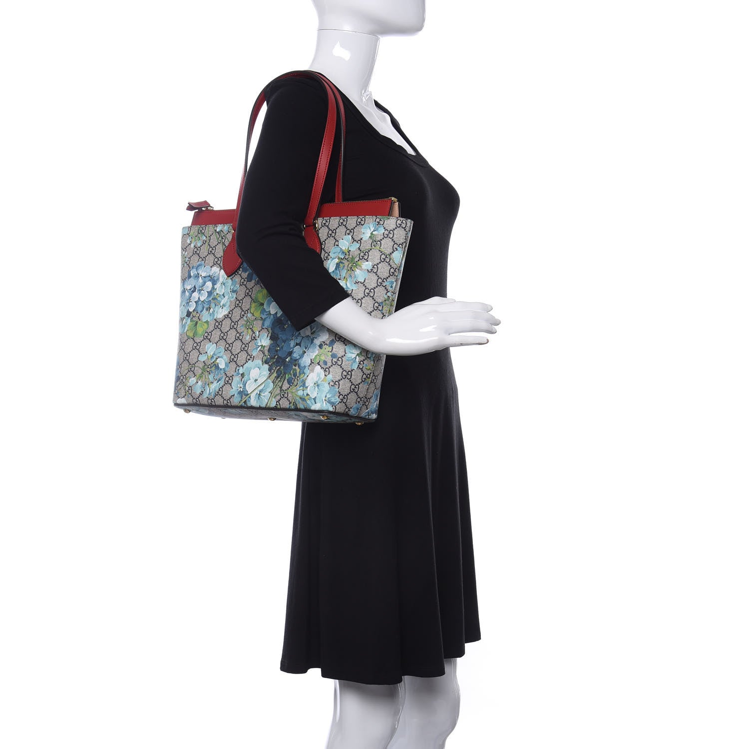 Gucci GG Supreme Monogram Blooms Medium Zippered Bucket Tote Beige Blue Navy Hibiscus Red 2 of 9