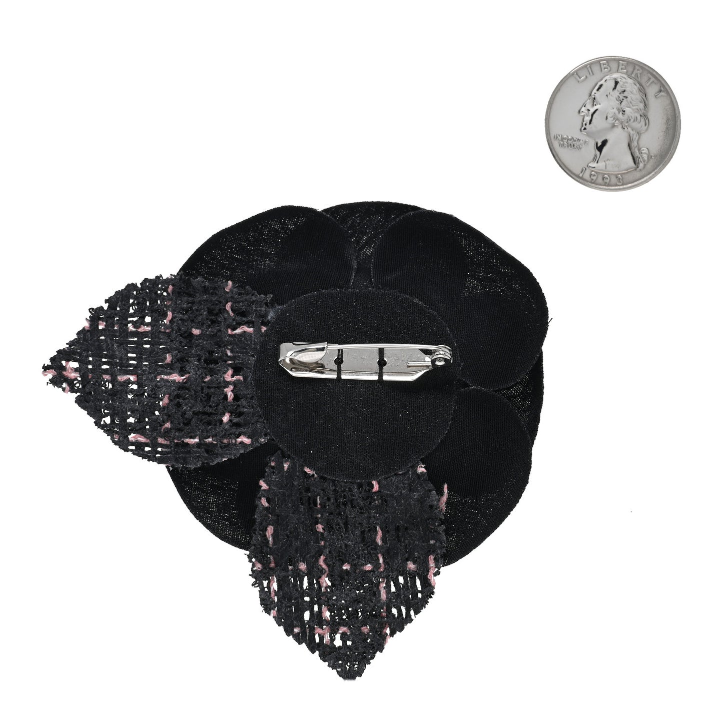 Tweed Camellia Pin Brooch Black Pink