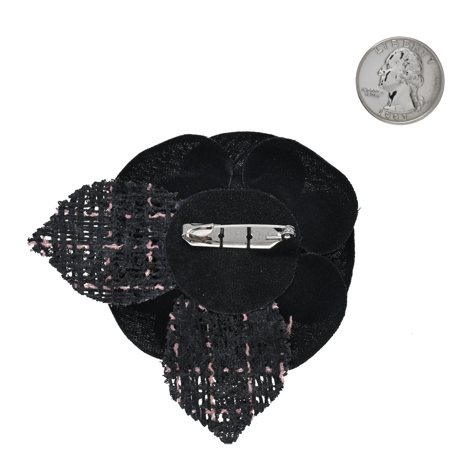 Chanel Tweed Camellia Pin Brooch Black Pink 2 of 3