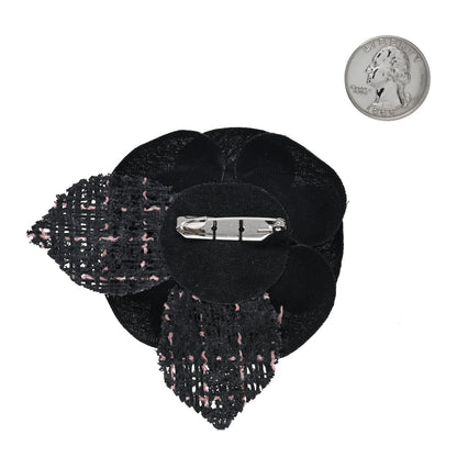 Chanel Tweed Camellia Pin Brooch Black Pink 2 of 3