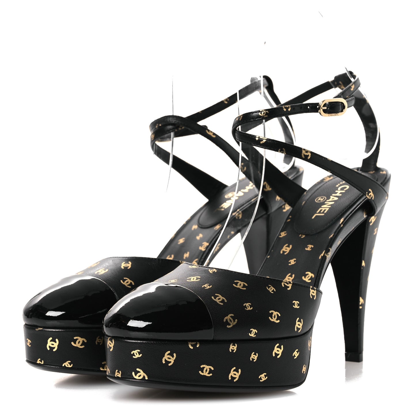 Printed Lambskin CC Platform Pumps 37.5 Black Gold