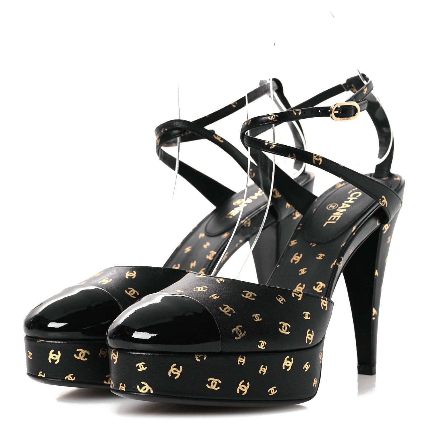 Chanel Printed Lambskin CC Platform Pumps 37.5 Black Gold 4 of 11