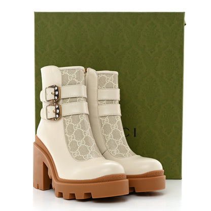 Gucci Kensington Calfskin Nappa GG Supreme Monogram Womens Double Buckle Ankle Boots 36.5 Mystic White Beige 14 of 14