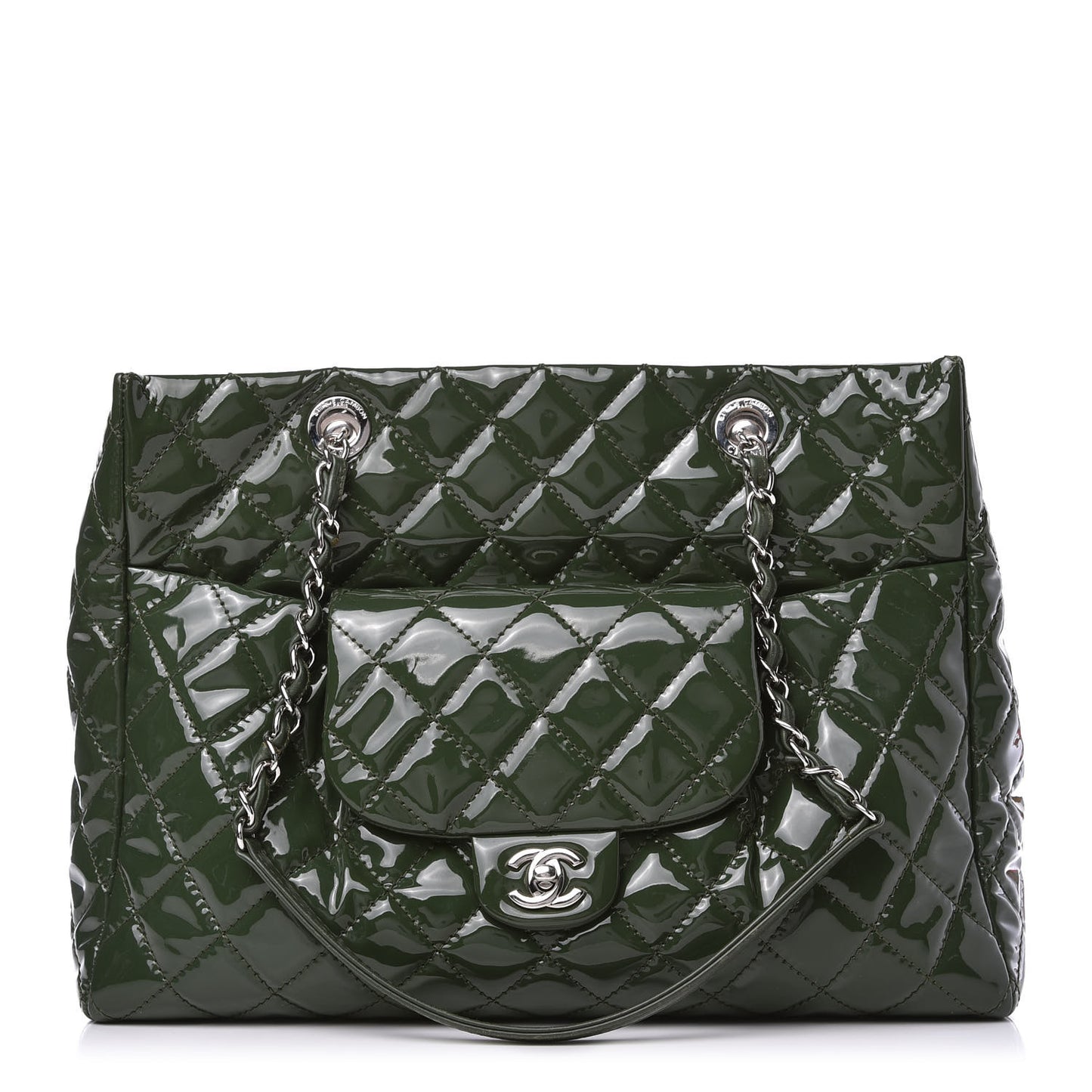 Patent Quilted Large Coco Shine Shopping Tote Dark Green