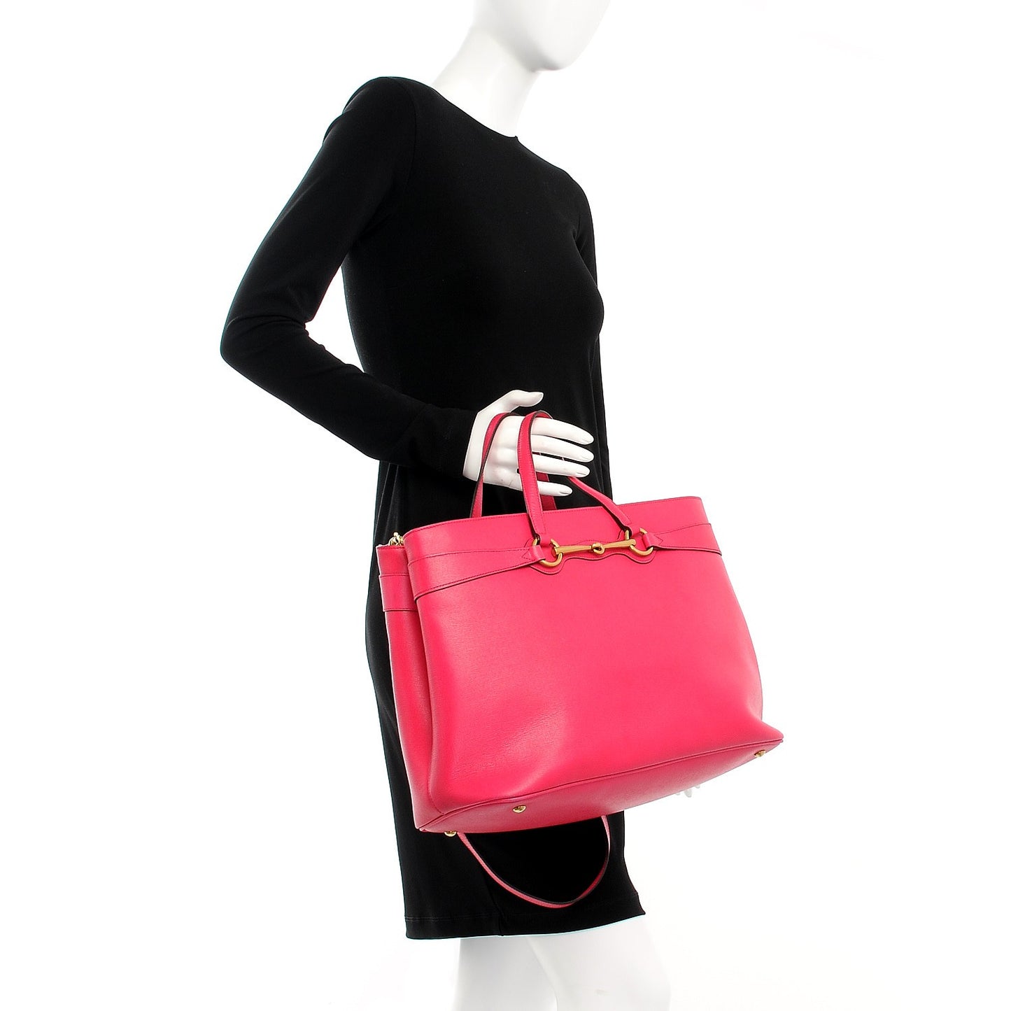 Textured Calfskin Large Bright Bit Top Handle Tote Shocking Pink