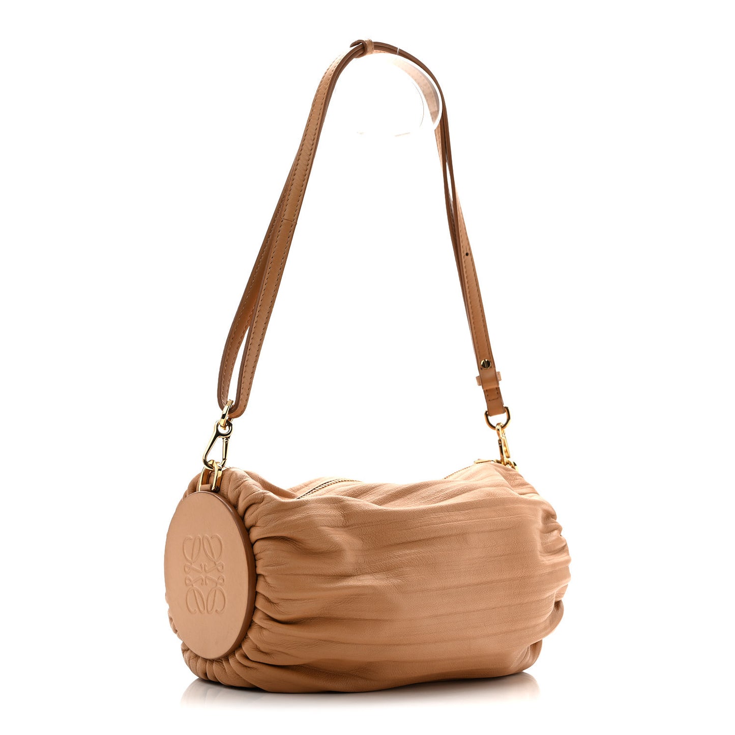 Lambskin Pleated Bracelet Pouch Shoulder Bag Warm Desert