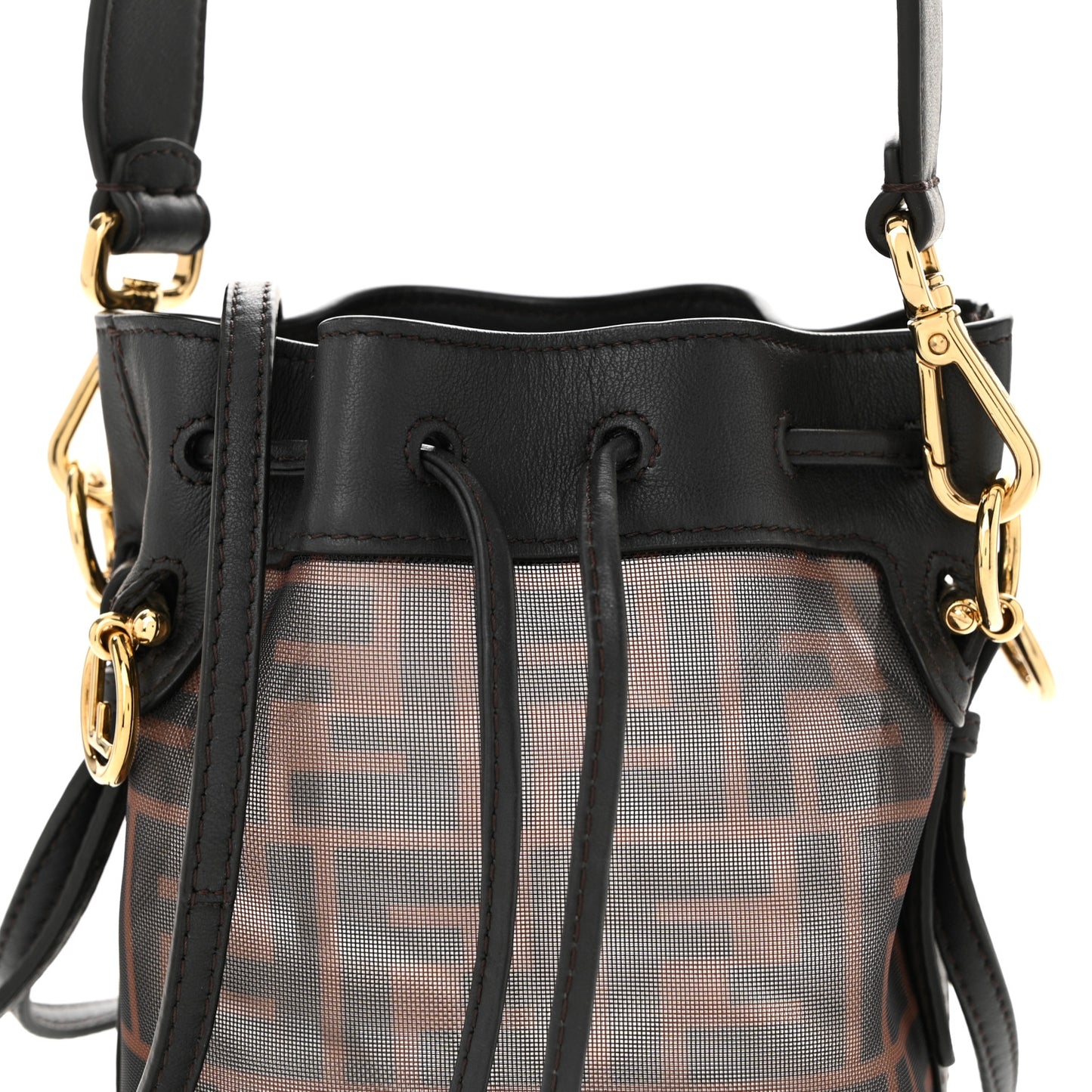 Mesh Vitello Grace F is Fendi FF 1974 Mini Mon Tresor Bucket Bag Marrone Black Ebano