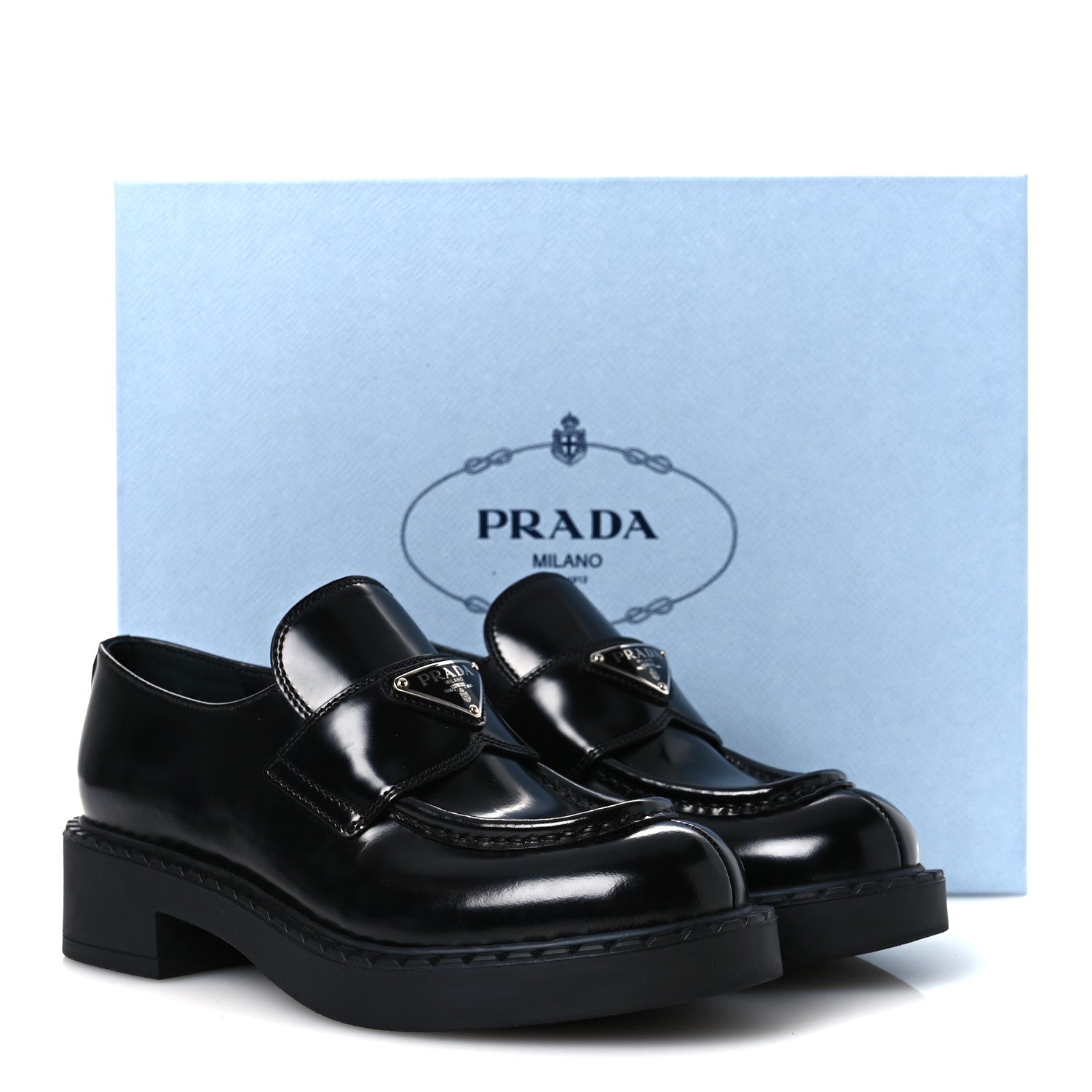 Prada Spazzolato Metal Triangle Logo 50mm Loafers 36 Black 11 of 11