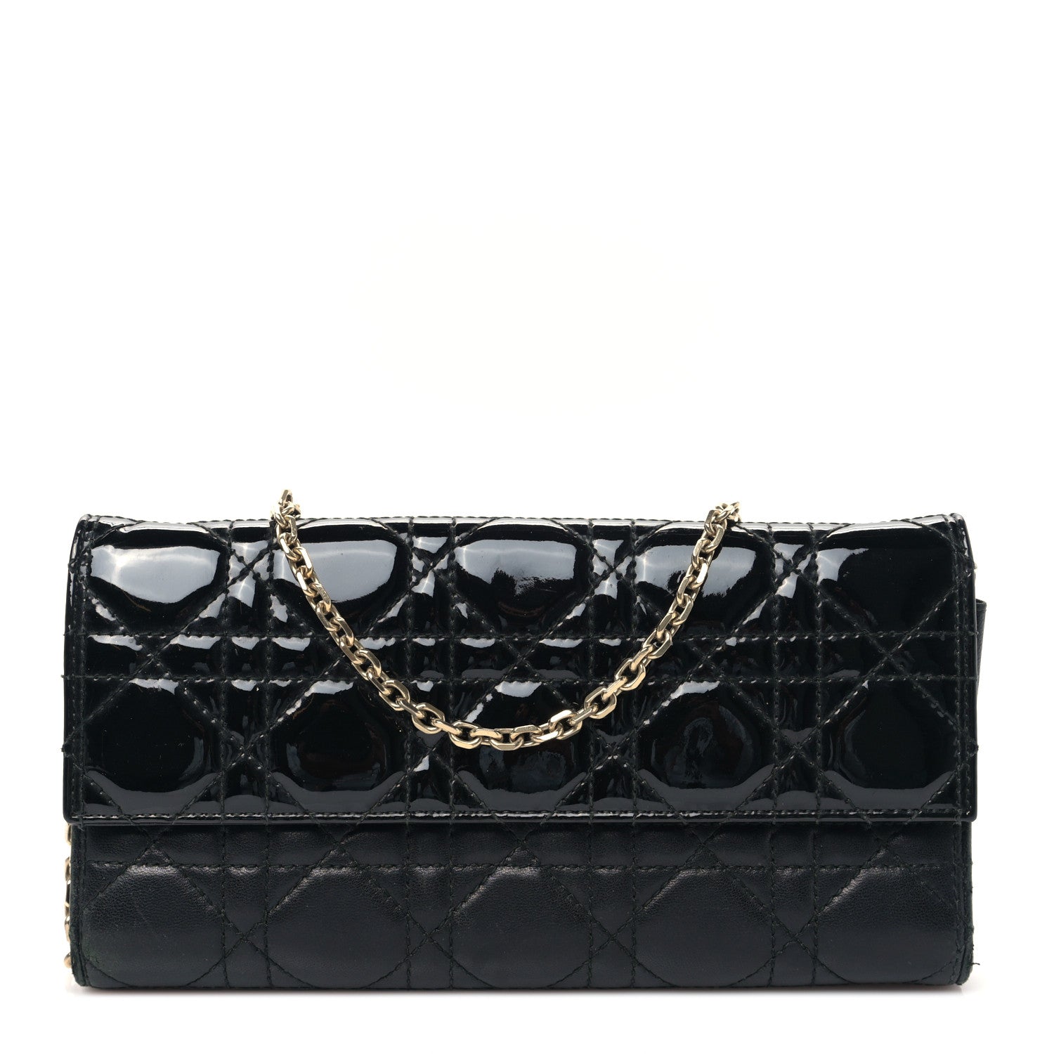Christian Dior Patent Lambskin Cannage Lady Dior Rendezvous Wallet On Chain Black 1 of 9
