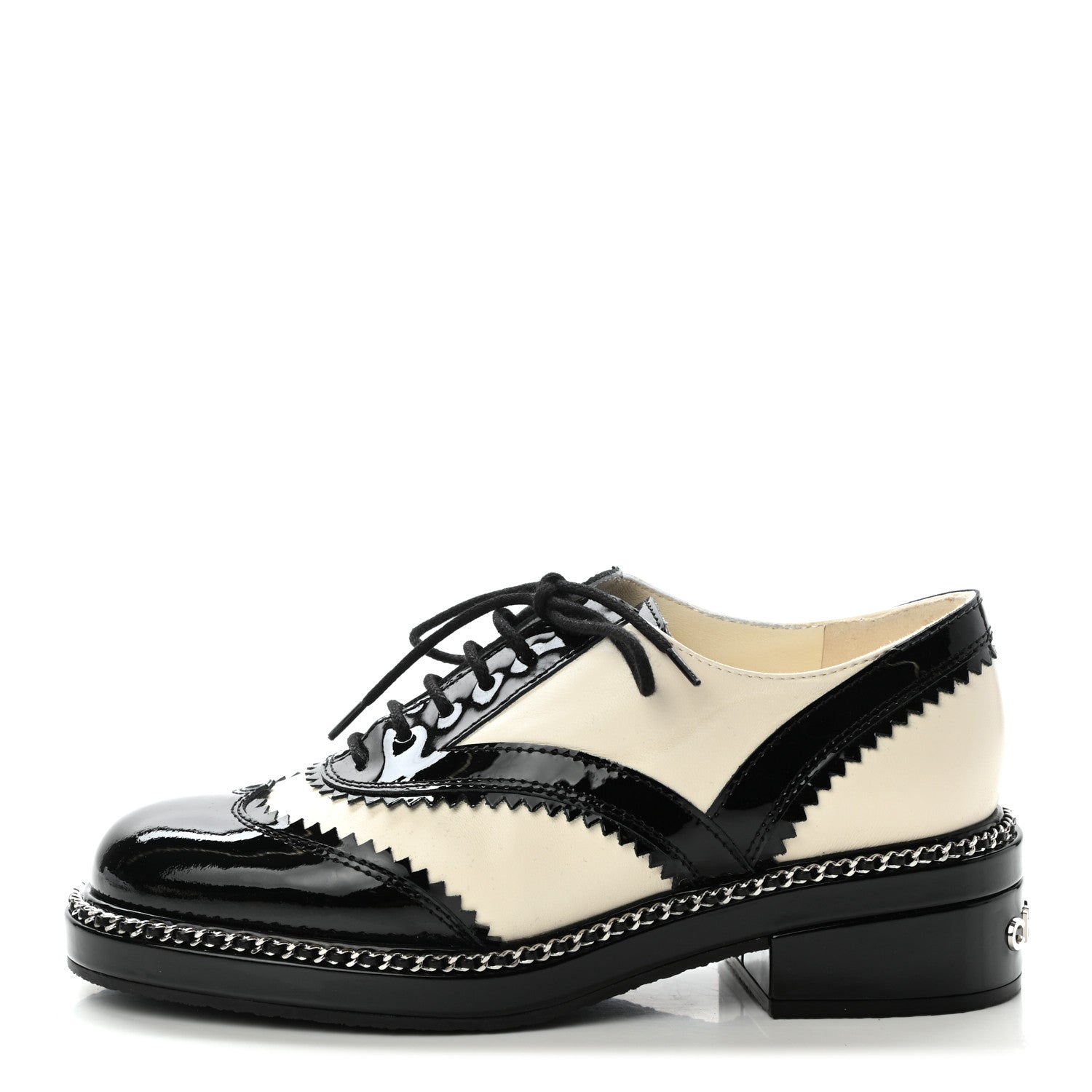 Chanel Lambskin Patent Calfskin CC Brogue Lace Up Oxfords 35.5 Ivory Black 1 of 9