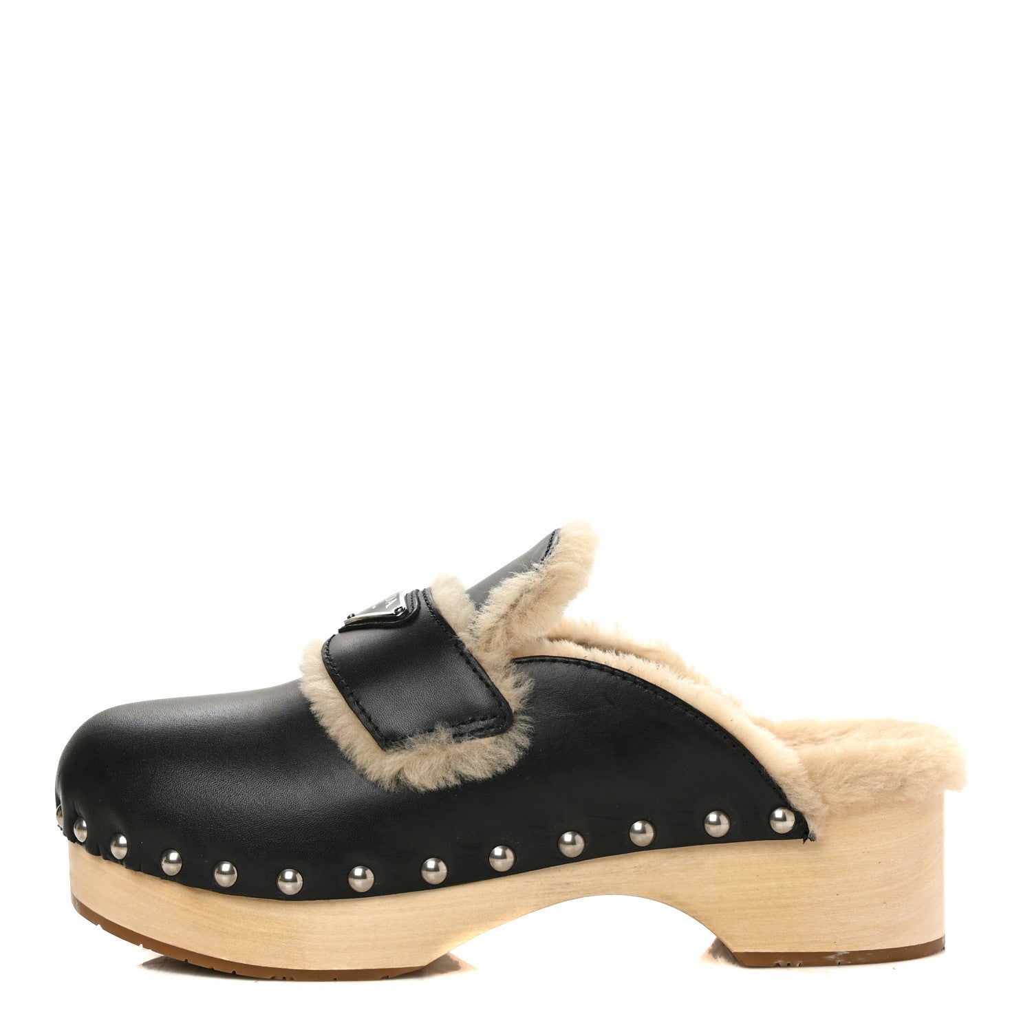 Prada Natural Calfskin Shearling Metal Triangle Logo 45mm Clogs 40 Black Sabbia 1 of 10
