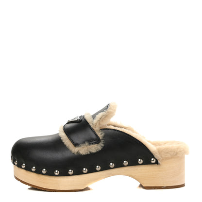 Prada Natural Calfskin Shearling Metal Triangle Logo 45mm Clogs 40 Black Sabbia 1 of 10