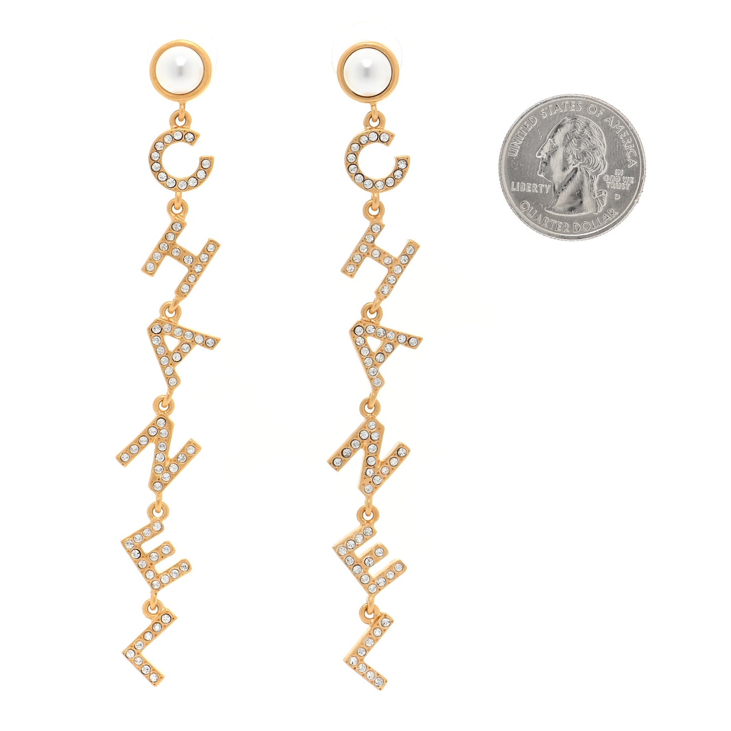 Crystal Pearl Logo Drop Earrings Gold