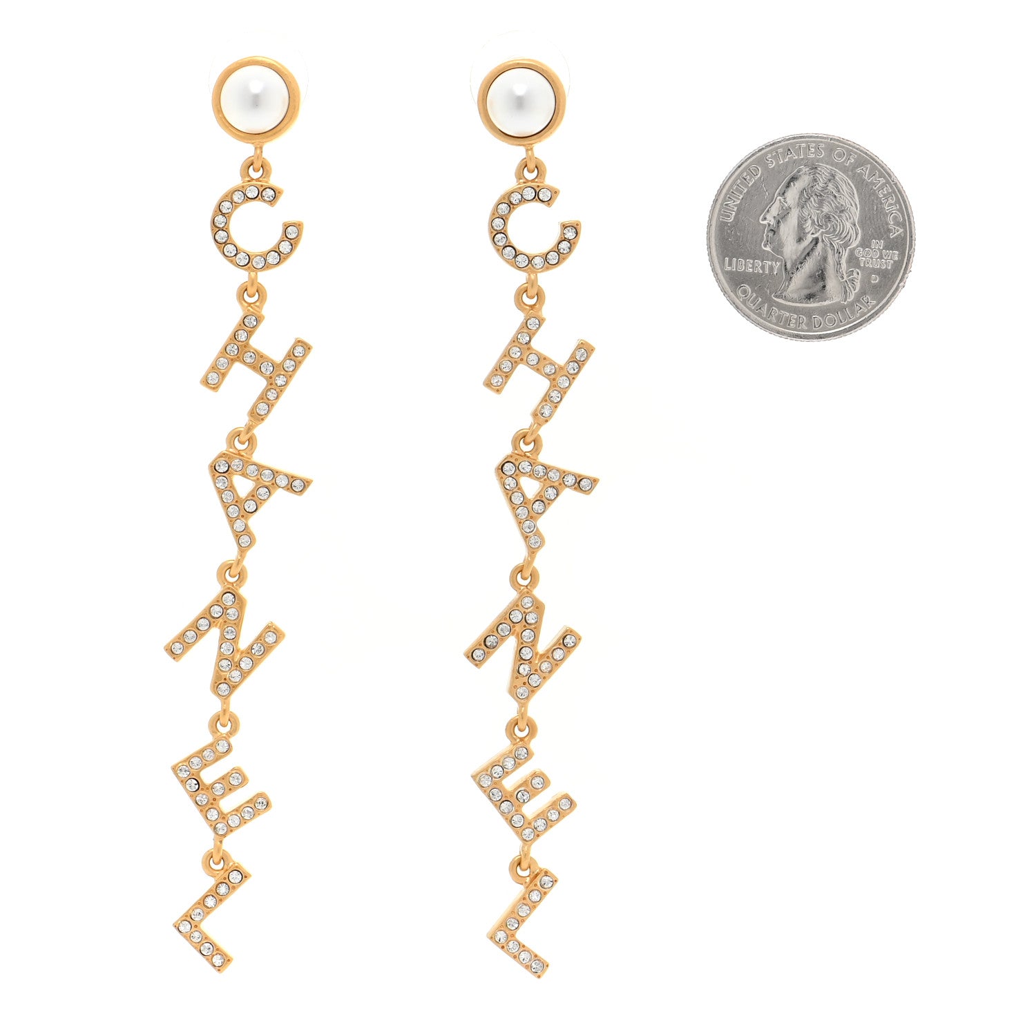 Chanel Crystal Pearl Logo Drop Earrings Gold 2 of 5