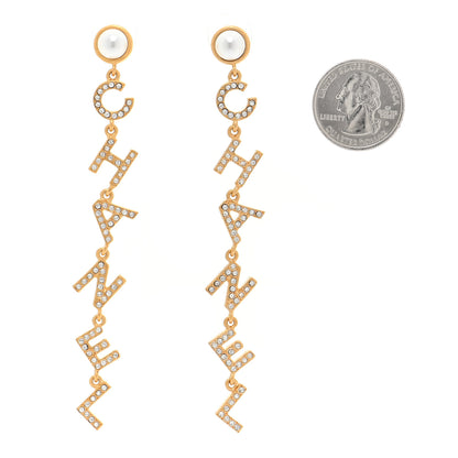 Chanel Crystal Pearl Logo Drop Earrings Gold 2 of 5