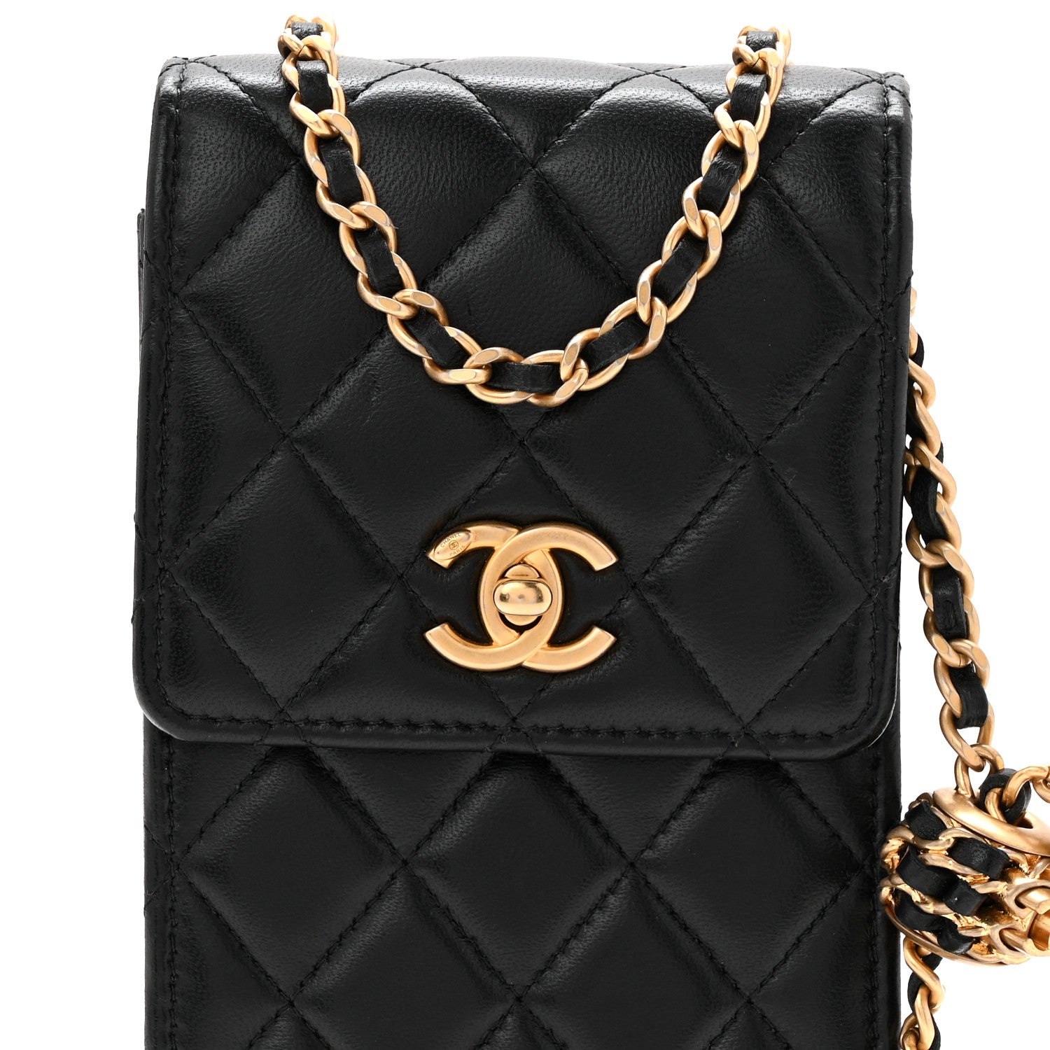 Chanel Lambskin Quilted Pearl Crush Phone Holder With Chain Black