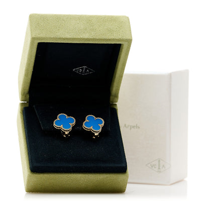 Van Cleef & Arpels 18K Yellow Gold Blue Agate Vintage Alhambra Earrings 5 of 5