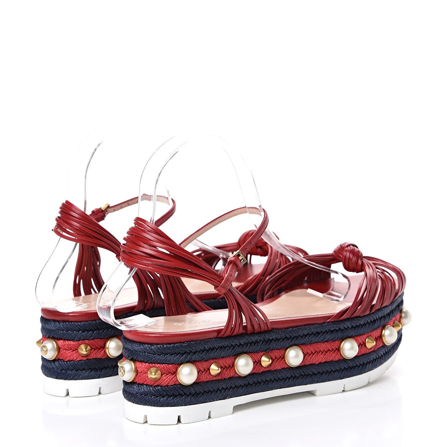 Gucci Raffia Calfskin Pearl Embellished Barbette Espadrille Sandals 39 Red 4 of 7