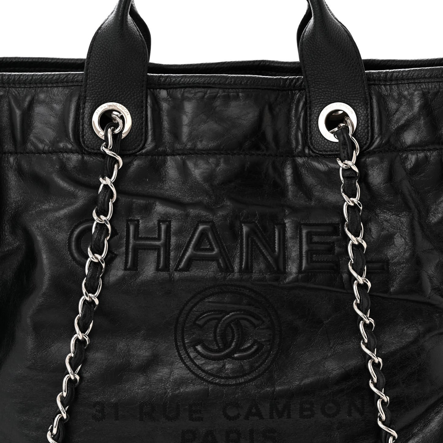Glazed Calfskin Medium Deauville Tote Black