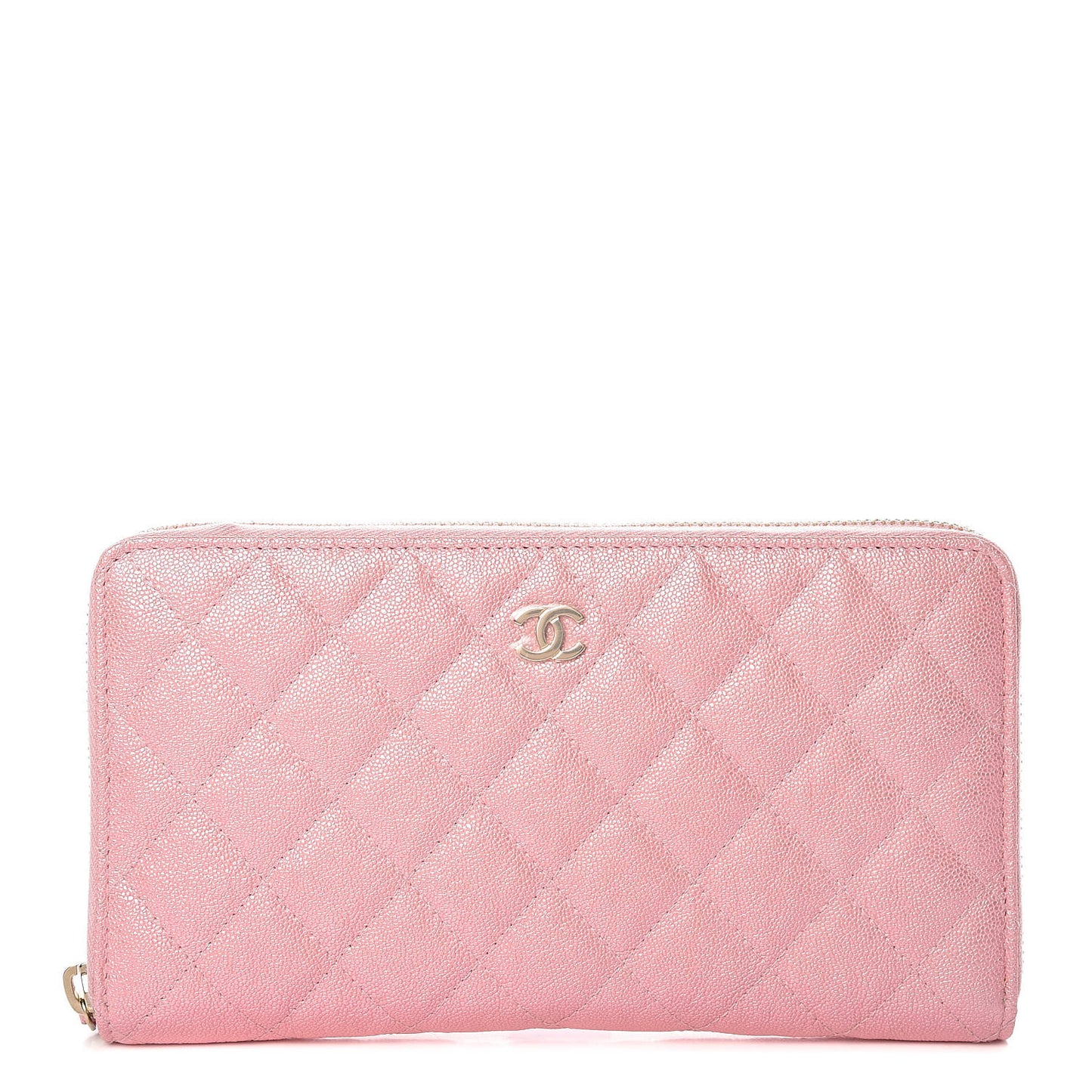Iridescent Caviar Quilted Large Zip Around Organizer Wallet Pink