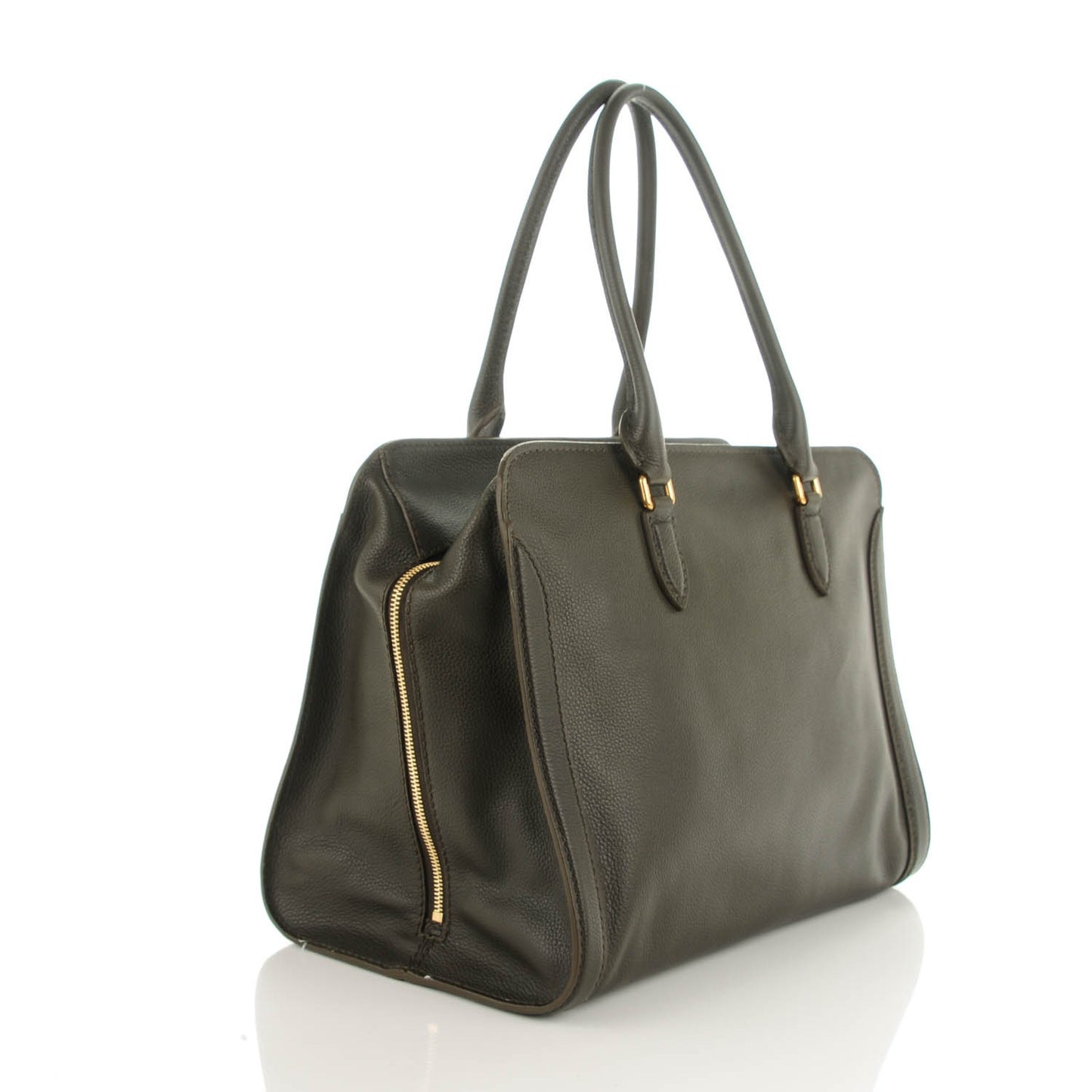 Pebbled Calfskin Large Skull Padlock Zip Around Tote Verde Militare
