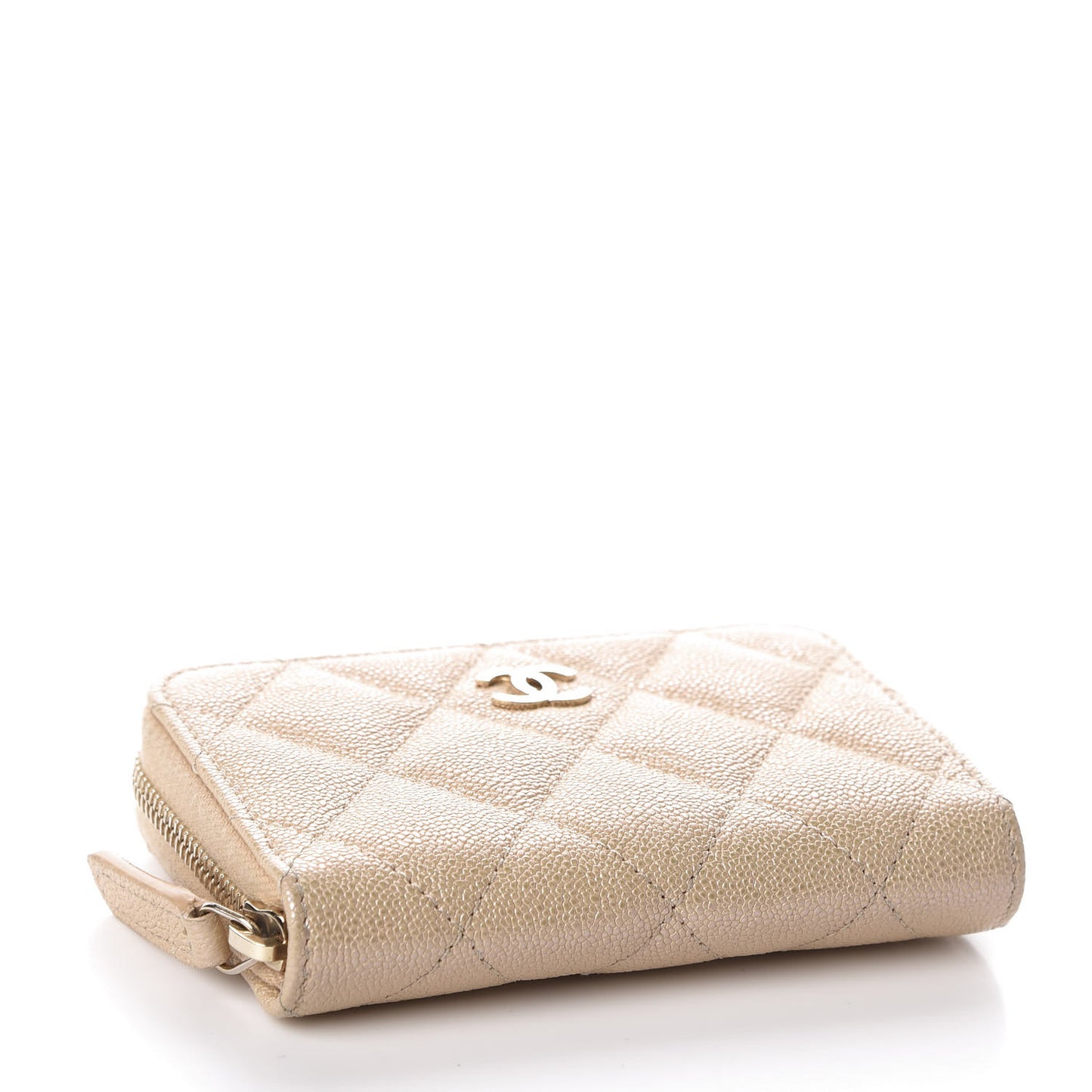 Iridescent Caviar Quilted Zip Around Coin Purse Beige