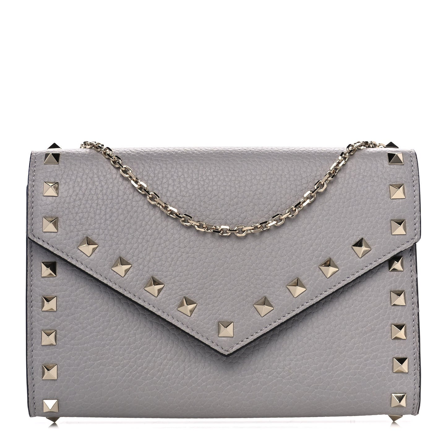 Pebbled Calfskin Rockstud Envelope Wallet on Chain Grey