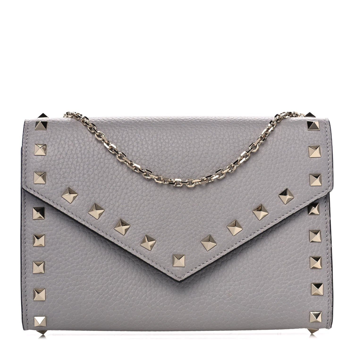 Valentino Garavani Pebbled Calfskin Rockstud Envelope Wallet on Chain Grey 1 of 8