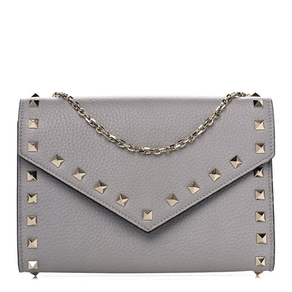 Valentino Garavani Pebbled Calfskin Rockstud Envelope Wallet on Chain Grey 1 of 8