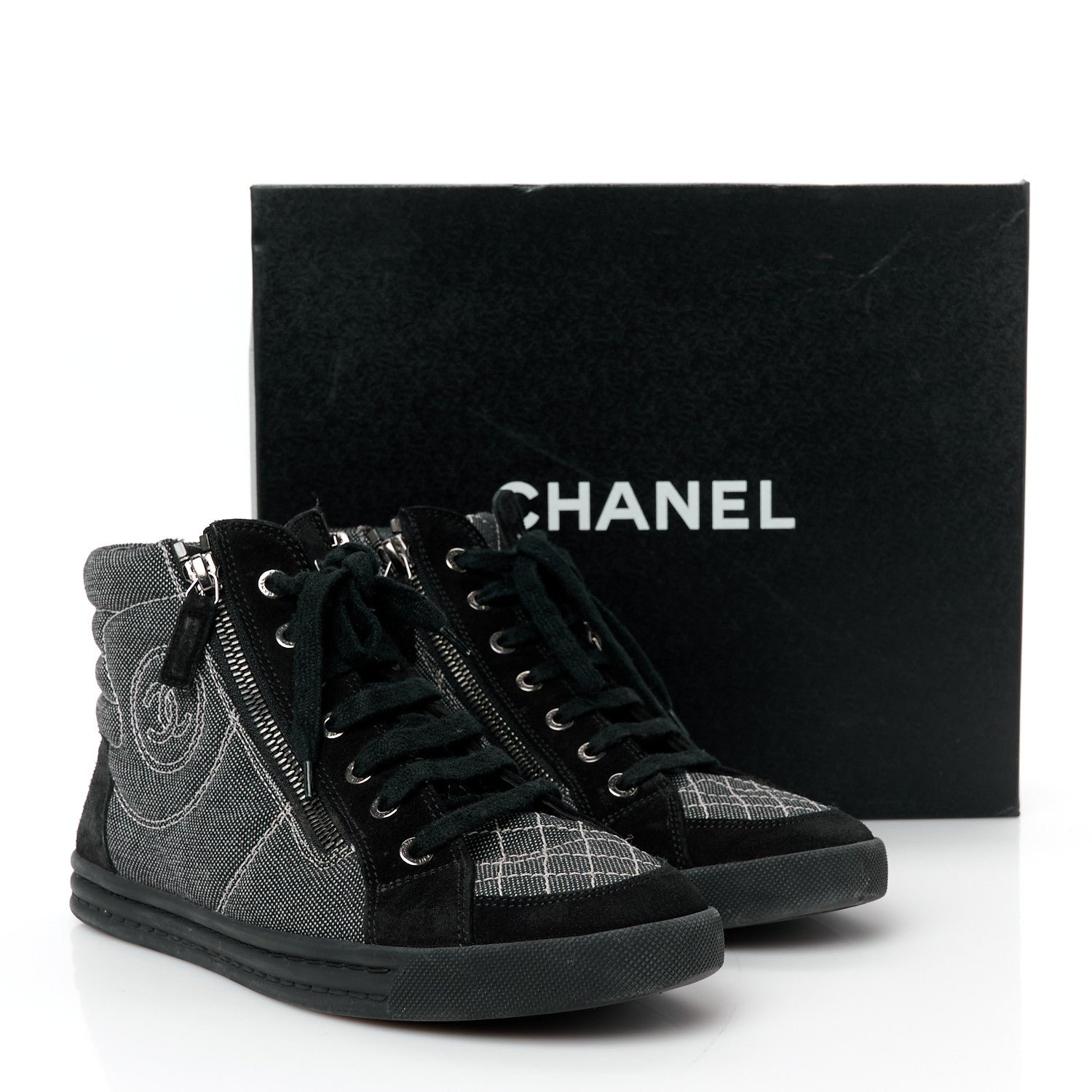 Chanel Toile Suede Calfskin CC High Top Sneakers 38 Black 11 of 11