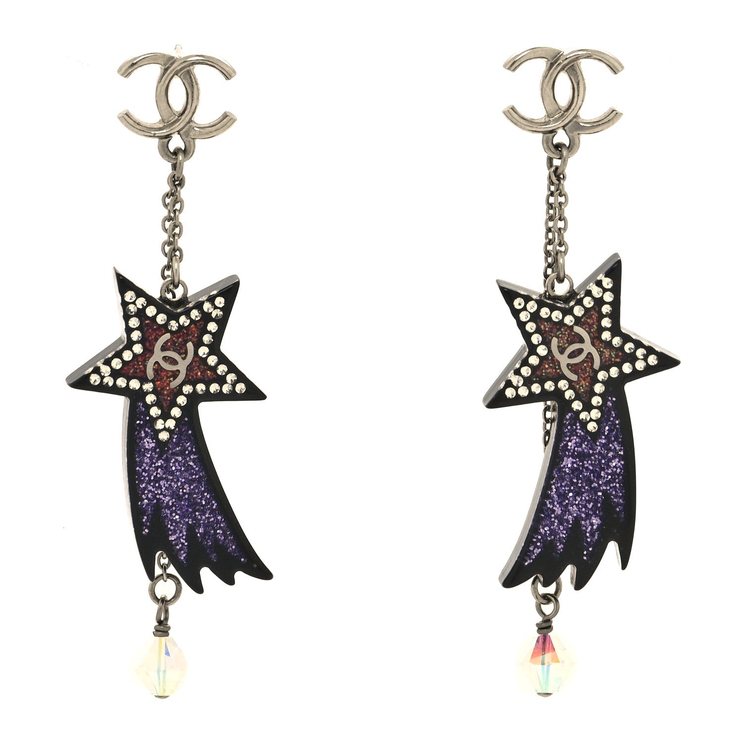 Chanel Resin Crystal CC Shooting Star Dangle Earrings Silver Purple 1 of 4