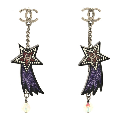 Chanel Resin Crystal CC Shooting Star Dangle Earrings Silver Purple 1 of 4