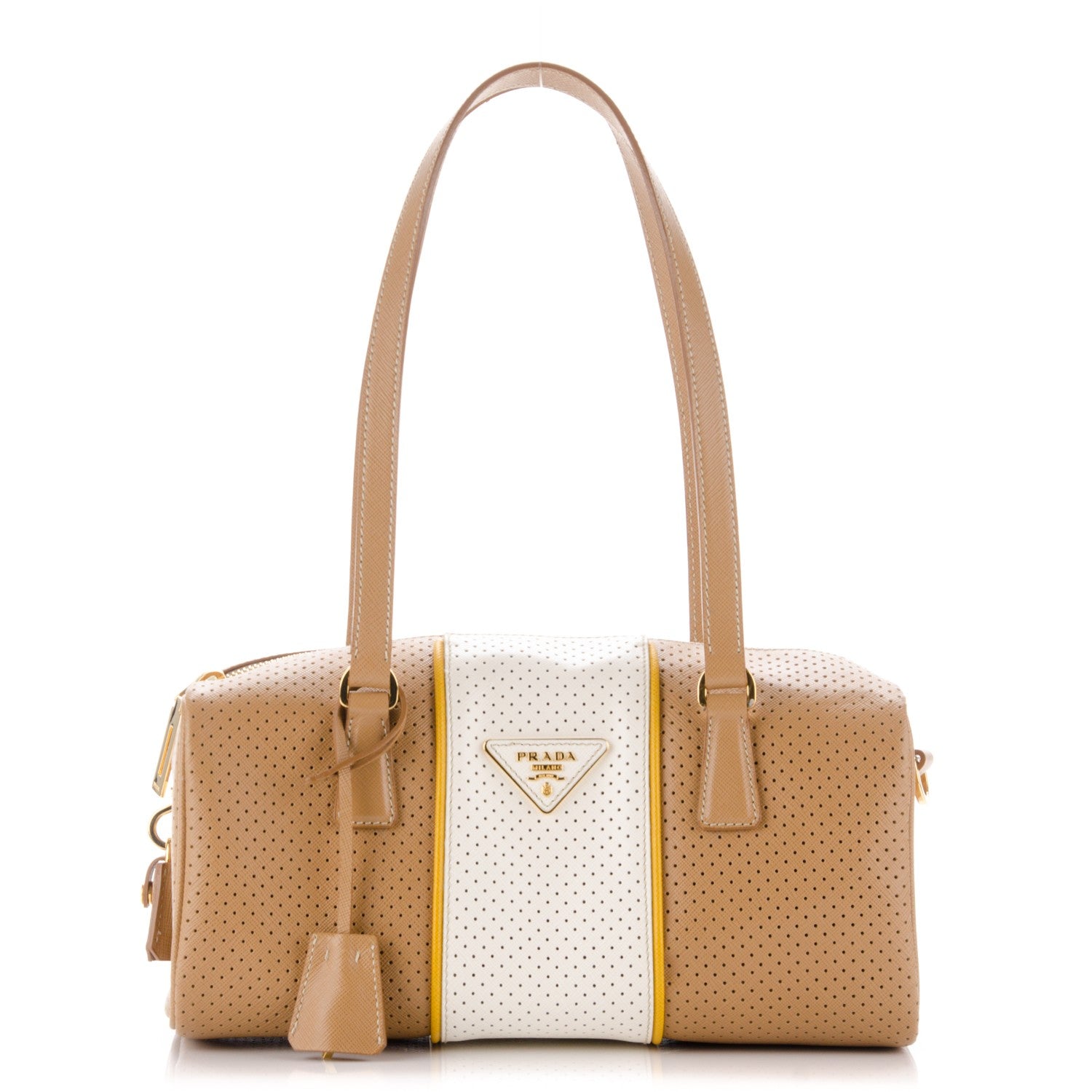 Prada Saffiano Perforated Striped Boston Cuoio Mimosa 1 of 7