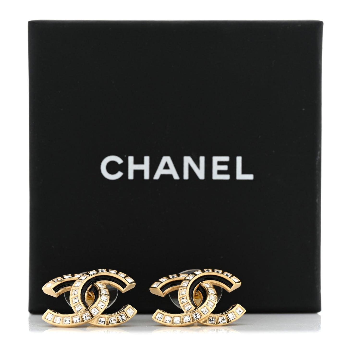 Baguette Crystal Enamel CC Earrings Black Gold
