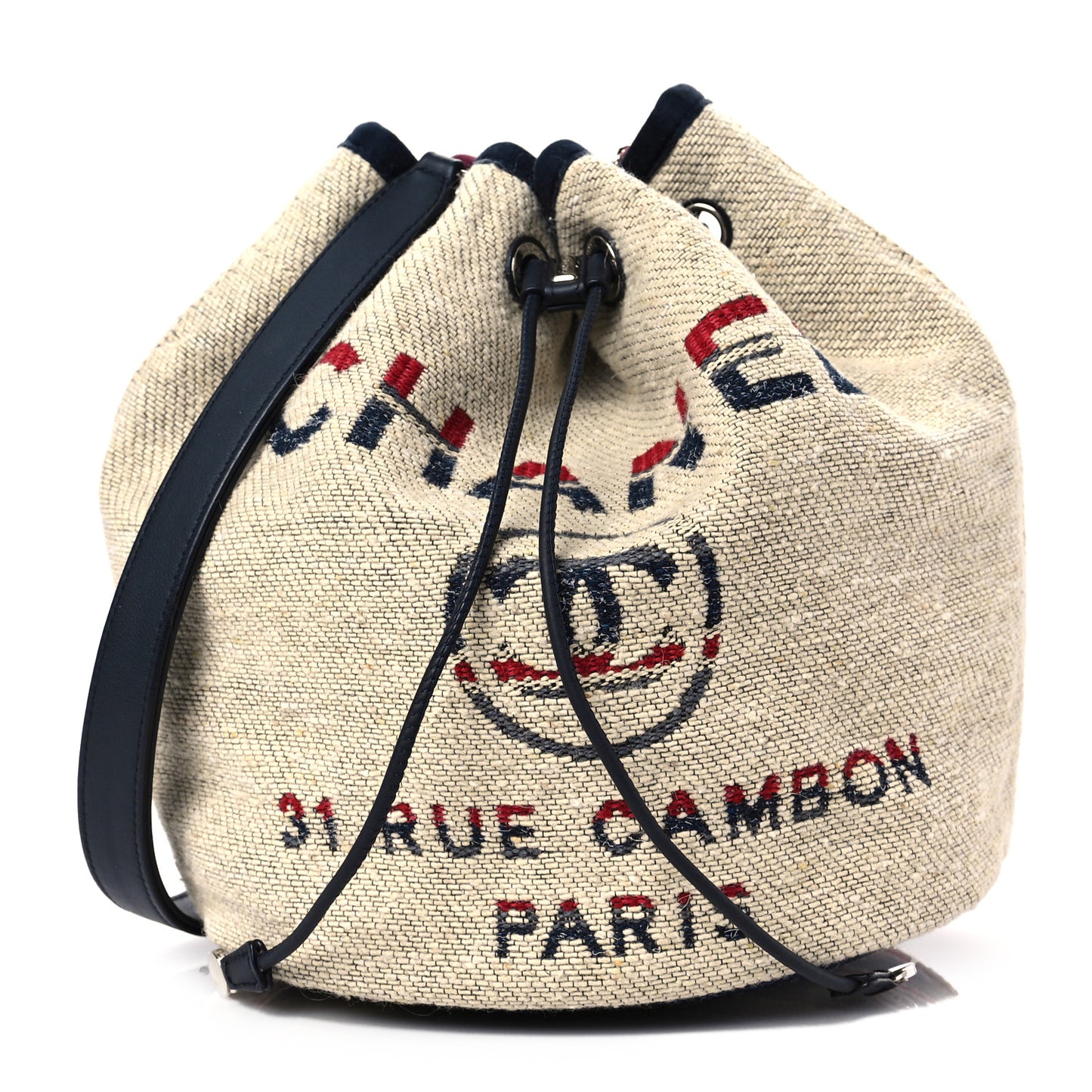 Striped Canvas Deauville Drawstring Bag Beige