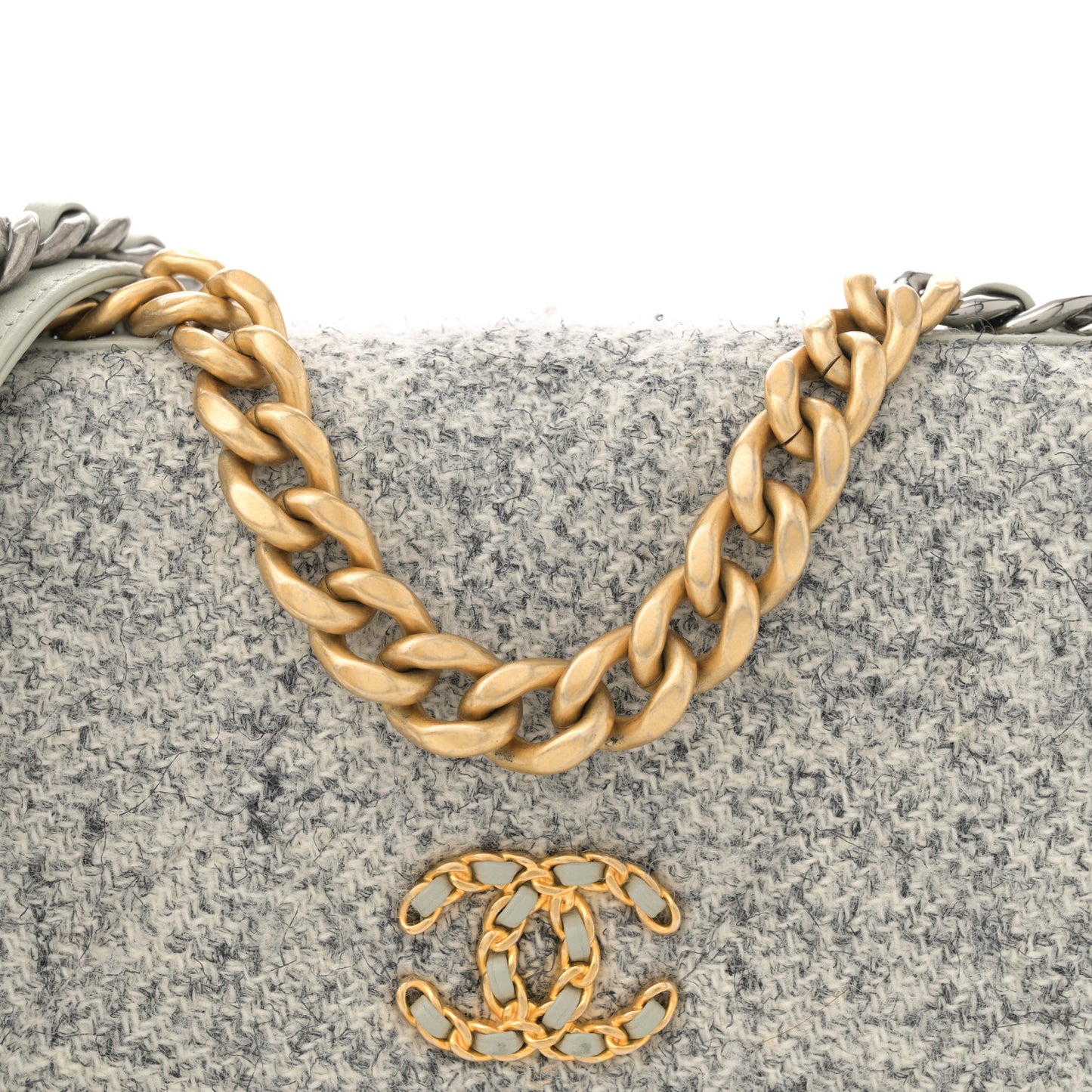 Wool Tweed Lambskin Quilted Chanel 19 Wallet On Chain WOC Grey Ecru
