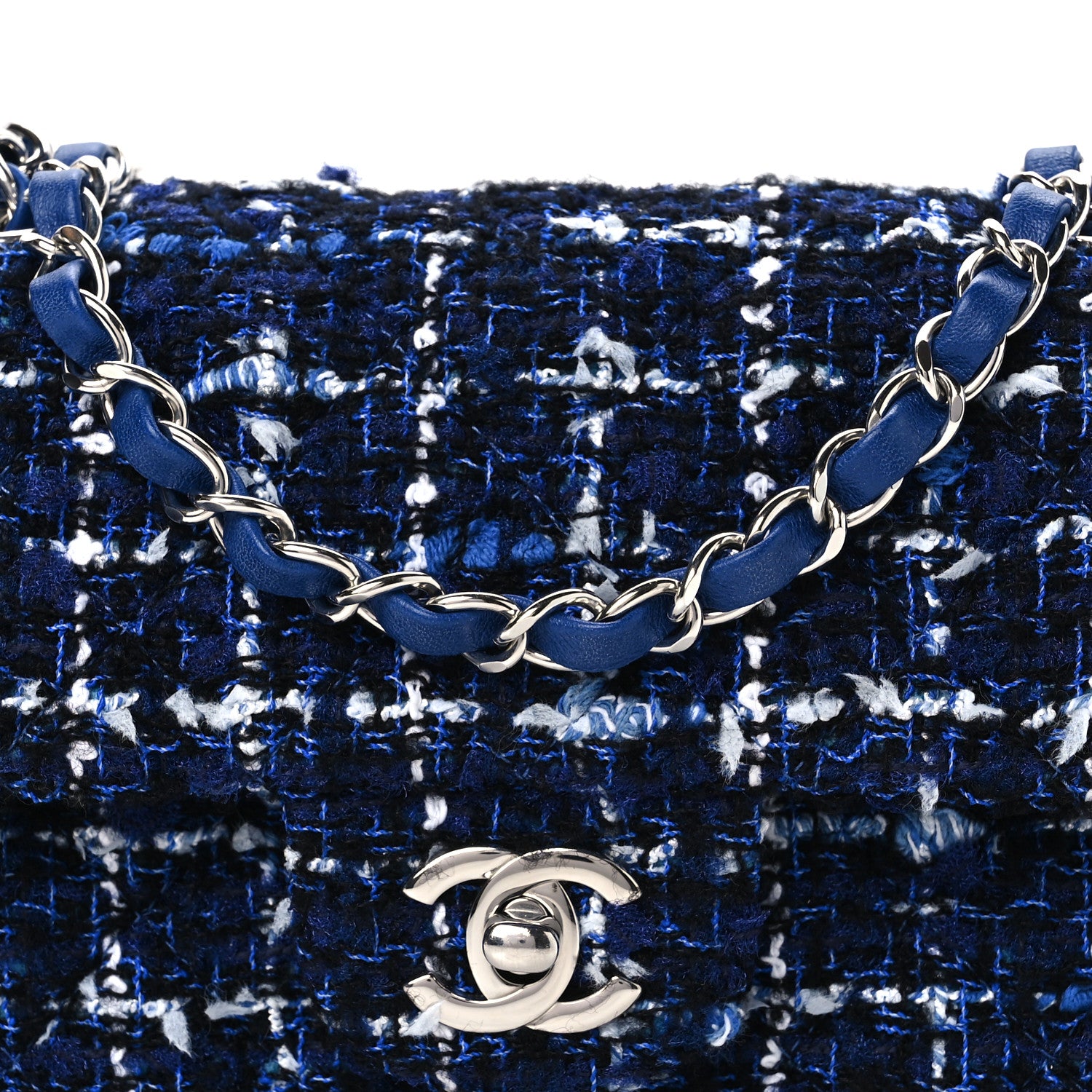 Chanel Tweed Quilted Mini Rectangular Flap Navy Blue Ecru 9 of 11