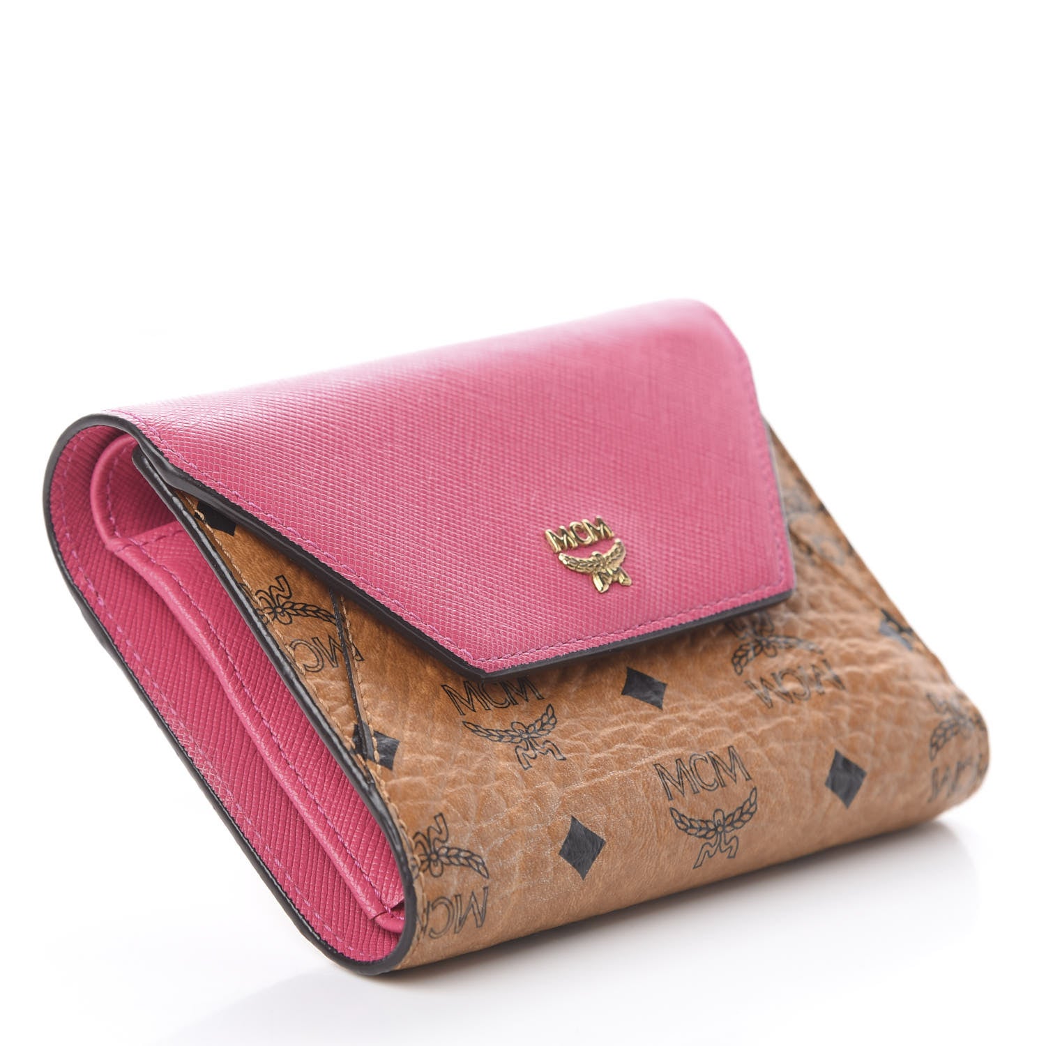 MCM Visetos Tri-Fold Love Letter Flap Wallet Cognac Pink 3 of 5