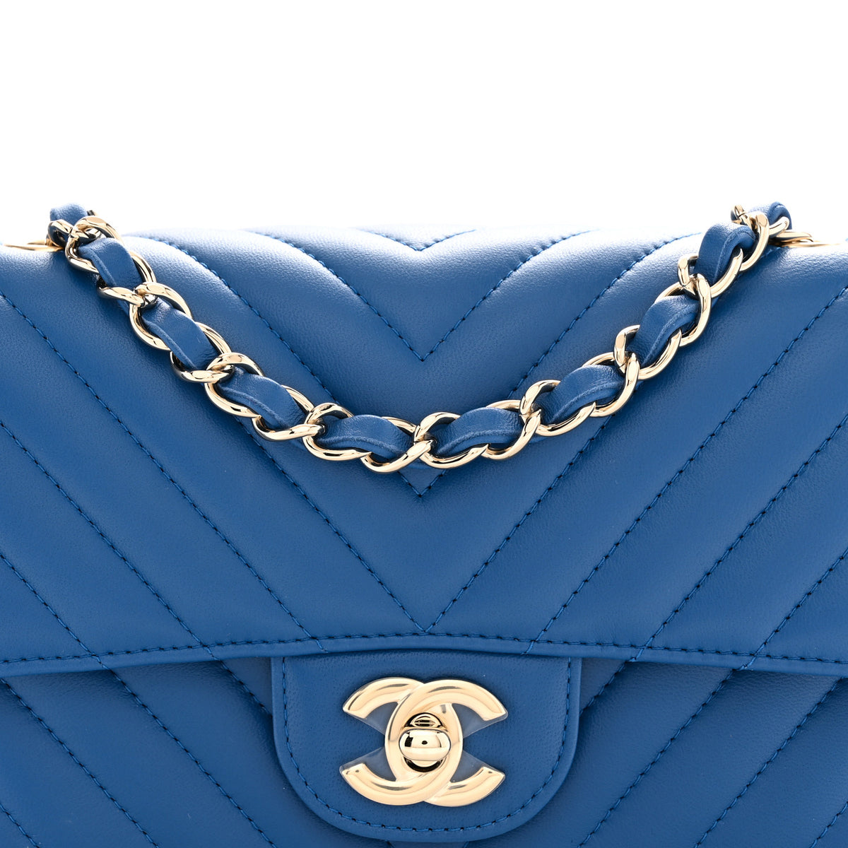 Lambskin Chevron Quilted Mini Rectangular Flap Dark Blue