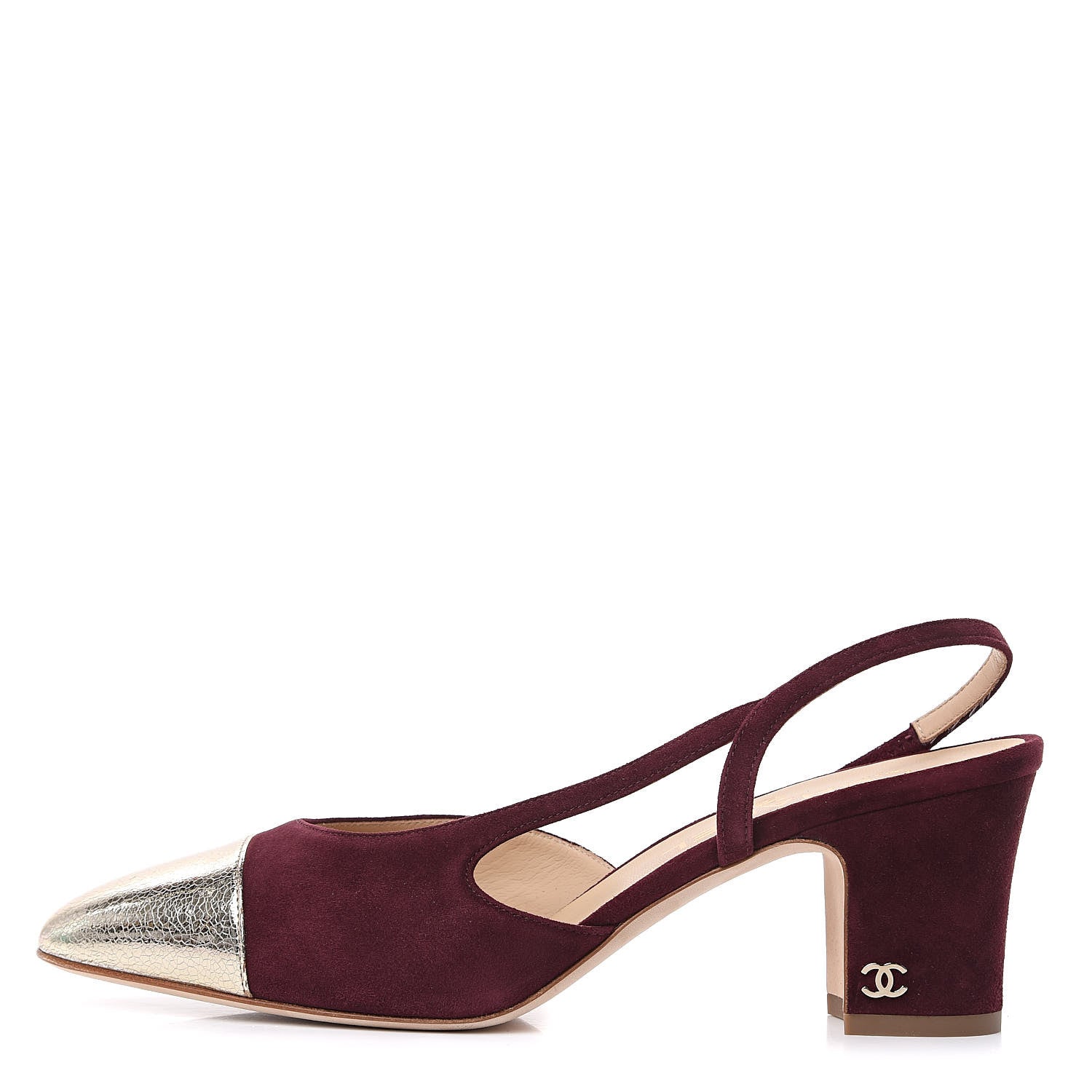 Chanel Kid Suede Metallic Lambskin Cap Toe CC Slingback Pumps 38.5 Burgundy Gold 1 of 9