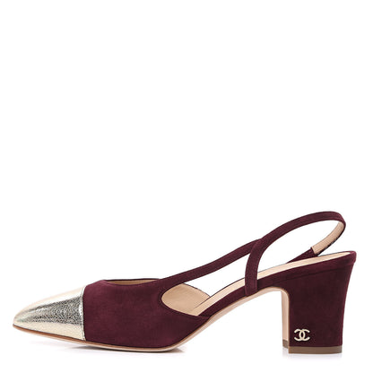 Chanel Kid Suede Metallic Lambskin Cap Toe CC Slingback Pumps 38.5 Burgundy Gold 1 of 9