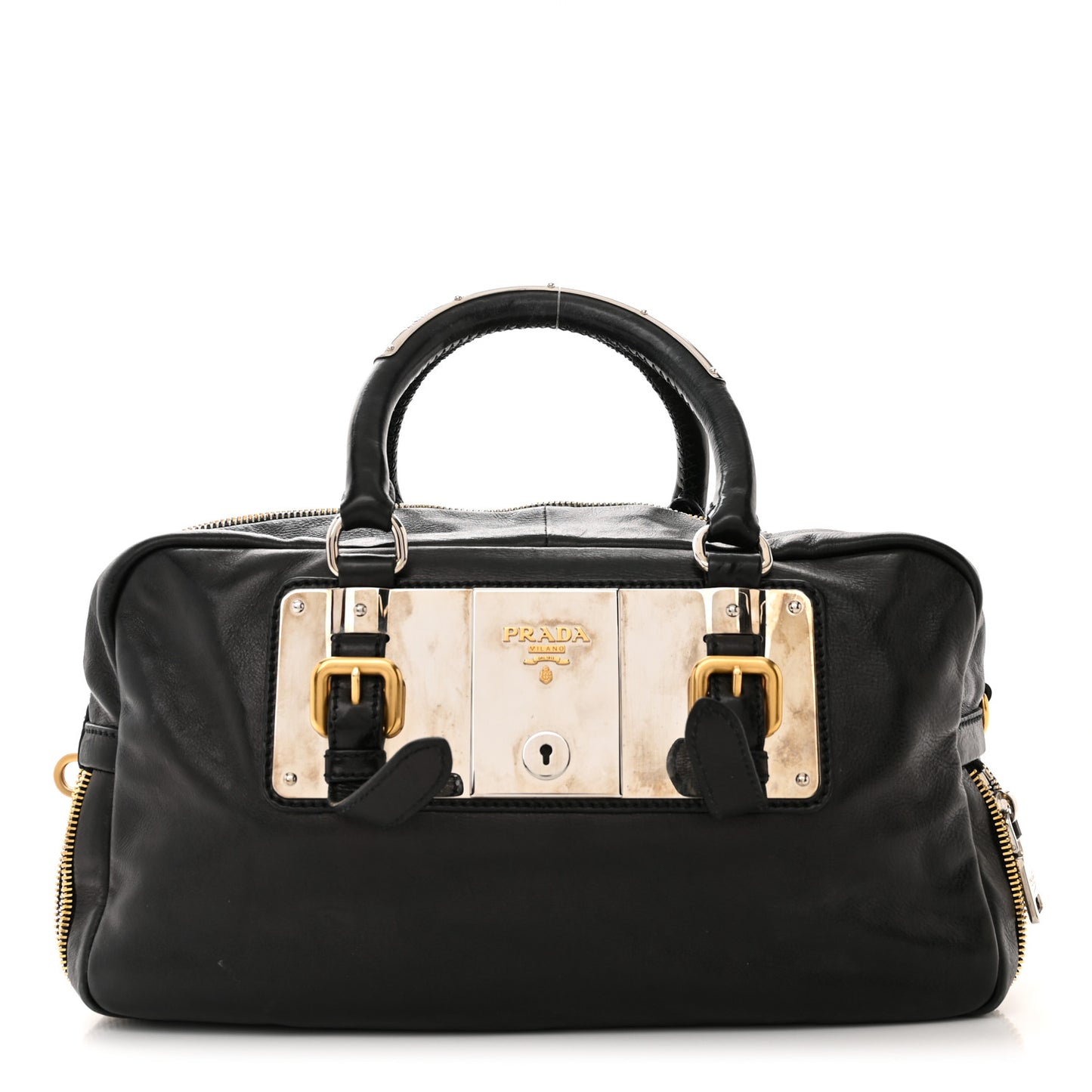 Glace Calfskin Zippers Plaque Boston Black