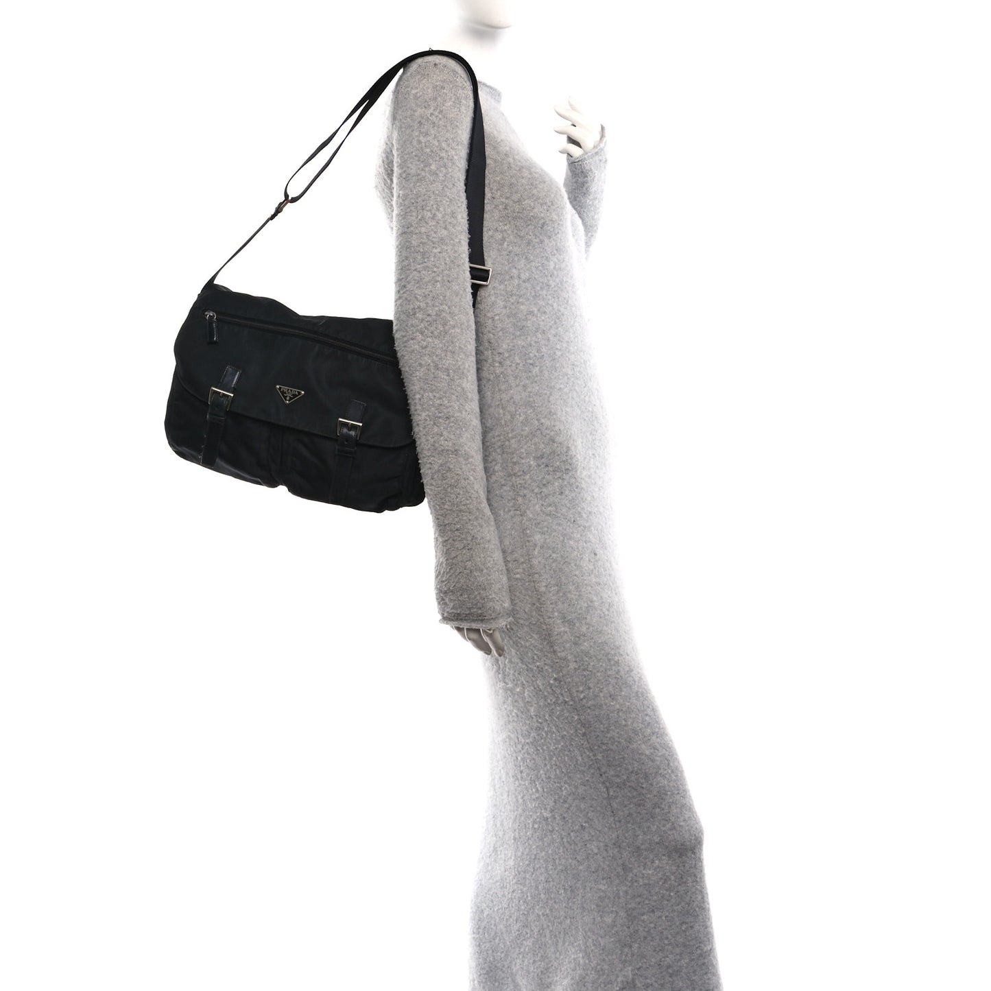 Tessuto Nylon Saffiano Double Buckle Messenger Shoulder Bag Black