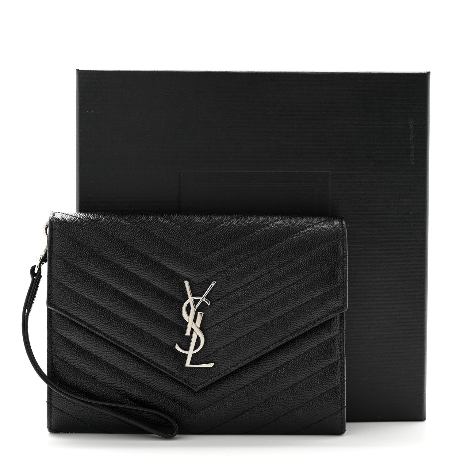 Saint Laurent Grain De Poudre Matelasse Chevron Monogram Envelope Clutch Black 8 of 8